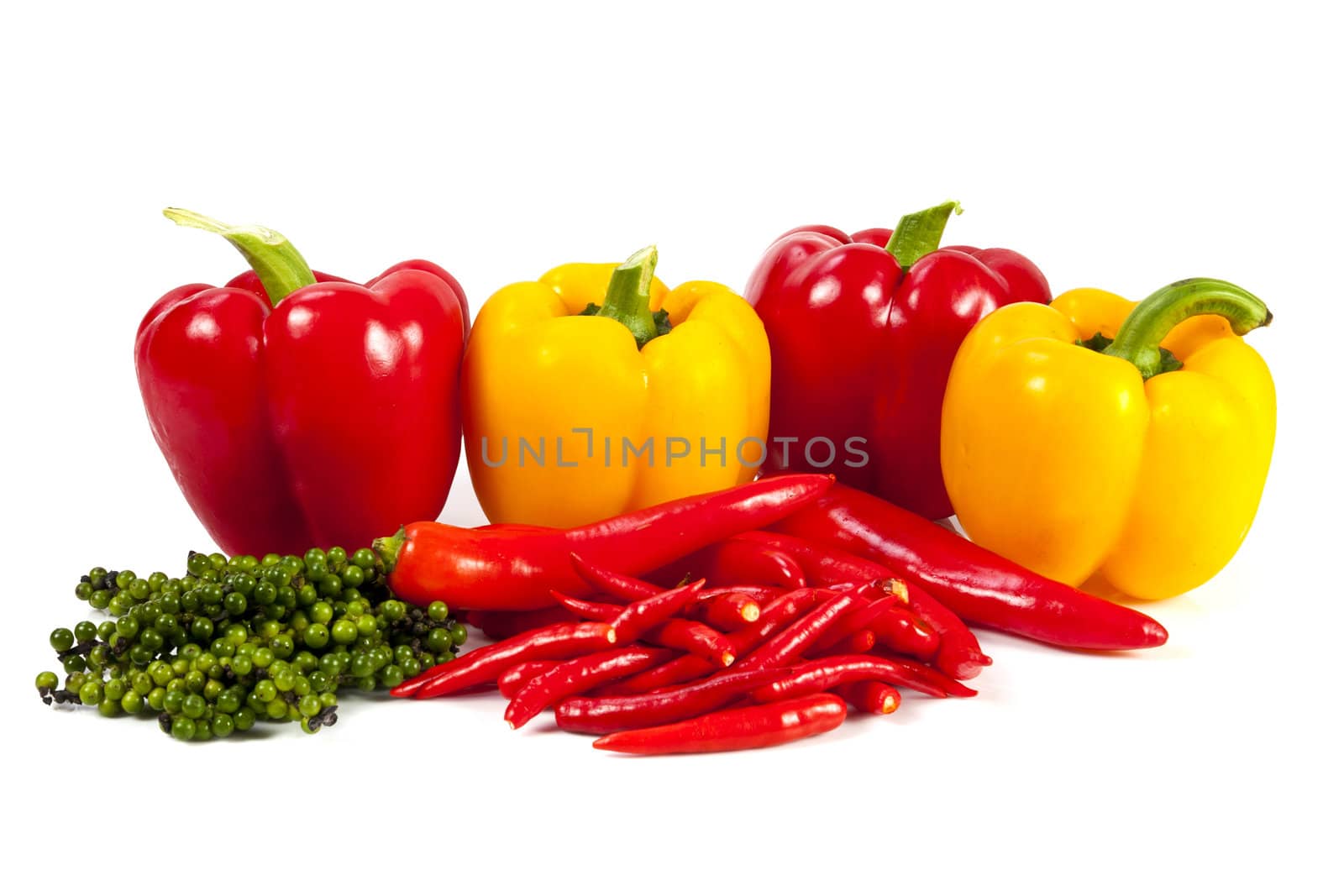 Mix chili and pepper on the white background