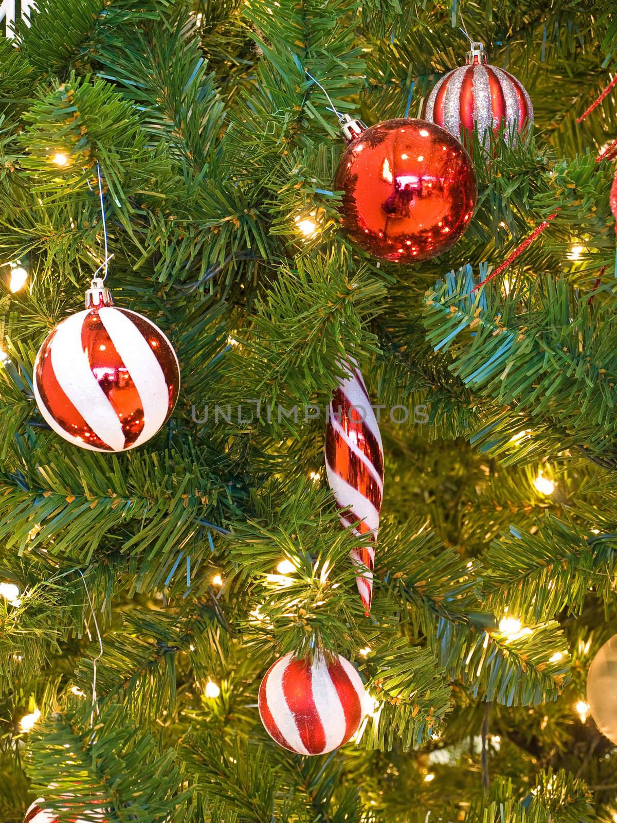 Red and White Christmas Ornaments on a Green Tree with White Lights