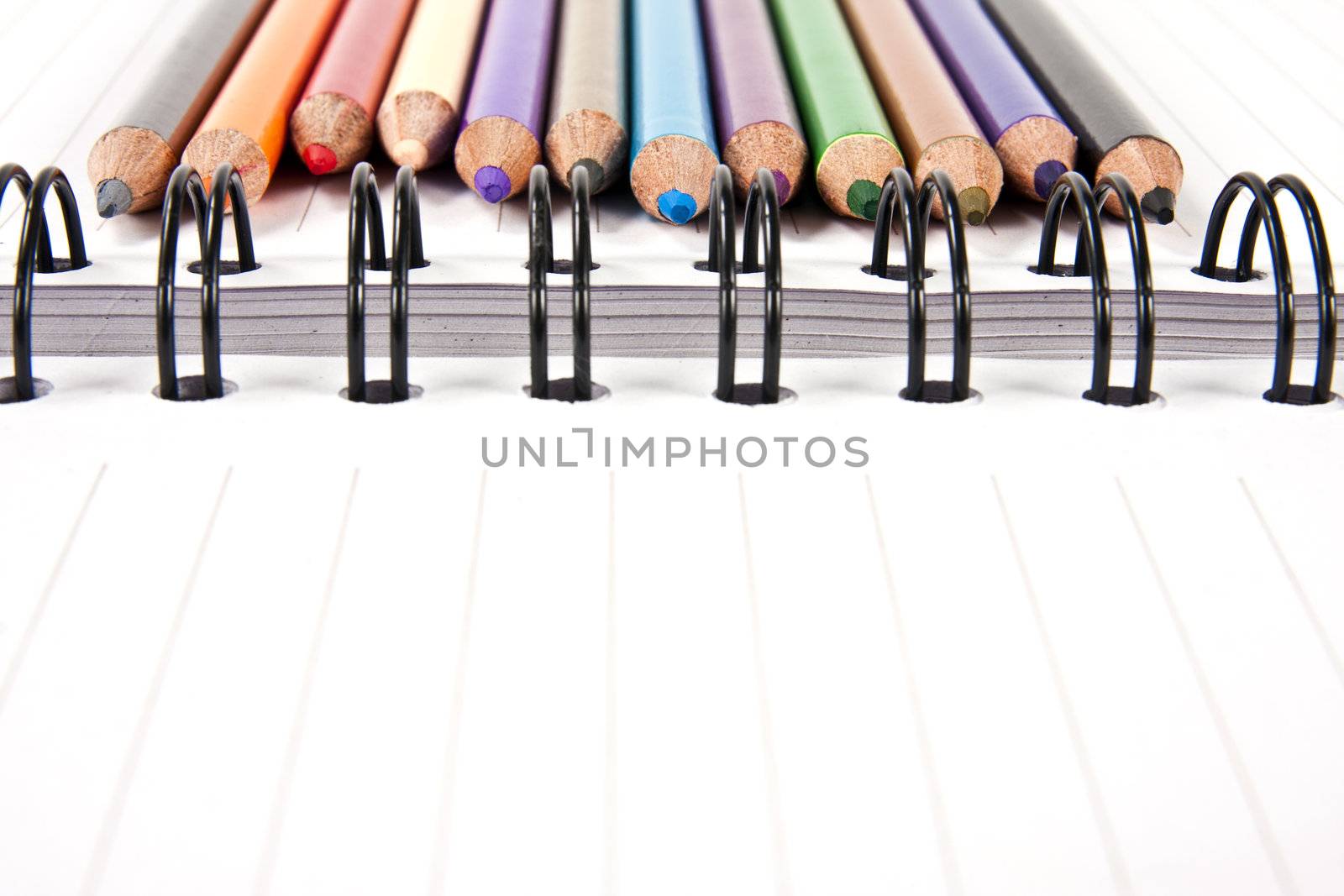 Color pencils in arrange in color wheel colors on note book with copy space