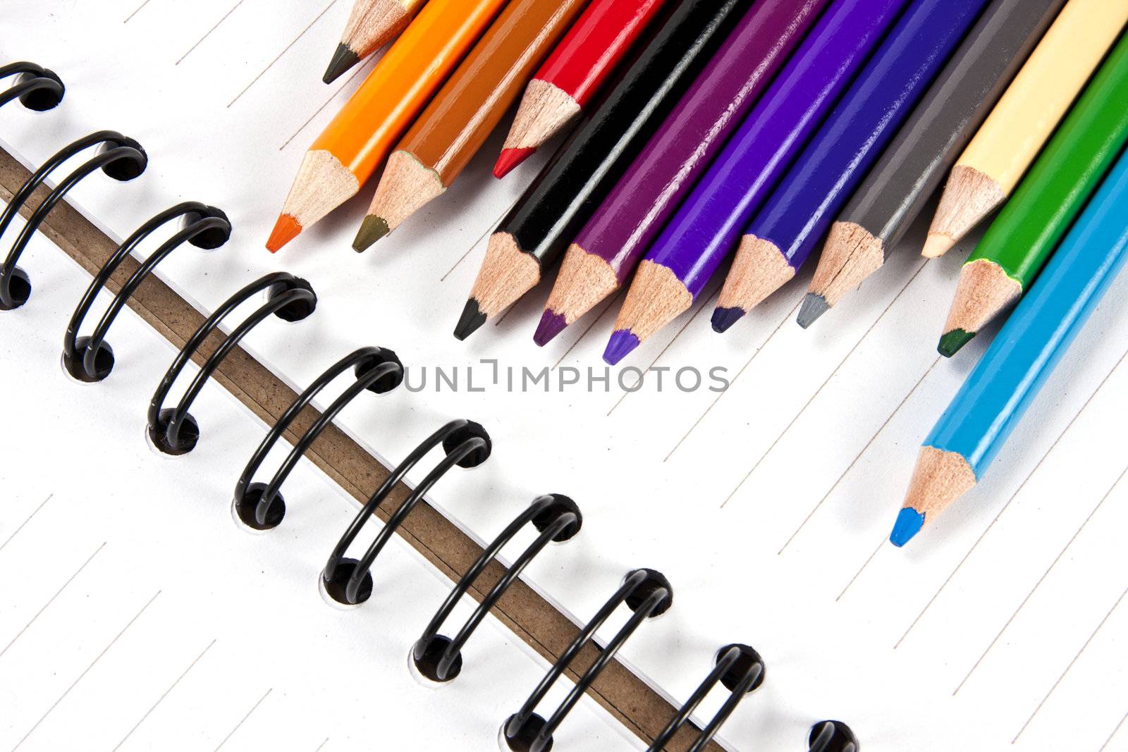 Color pencils in arrange in color wheel colors on note book