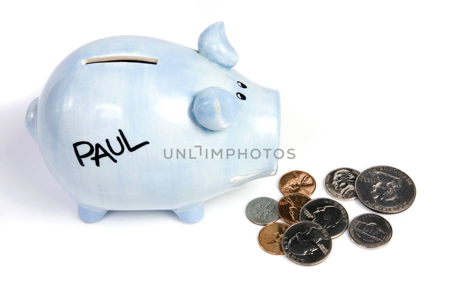 Blue piggy bank savings and coins on white isolated