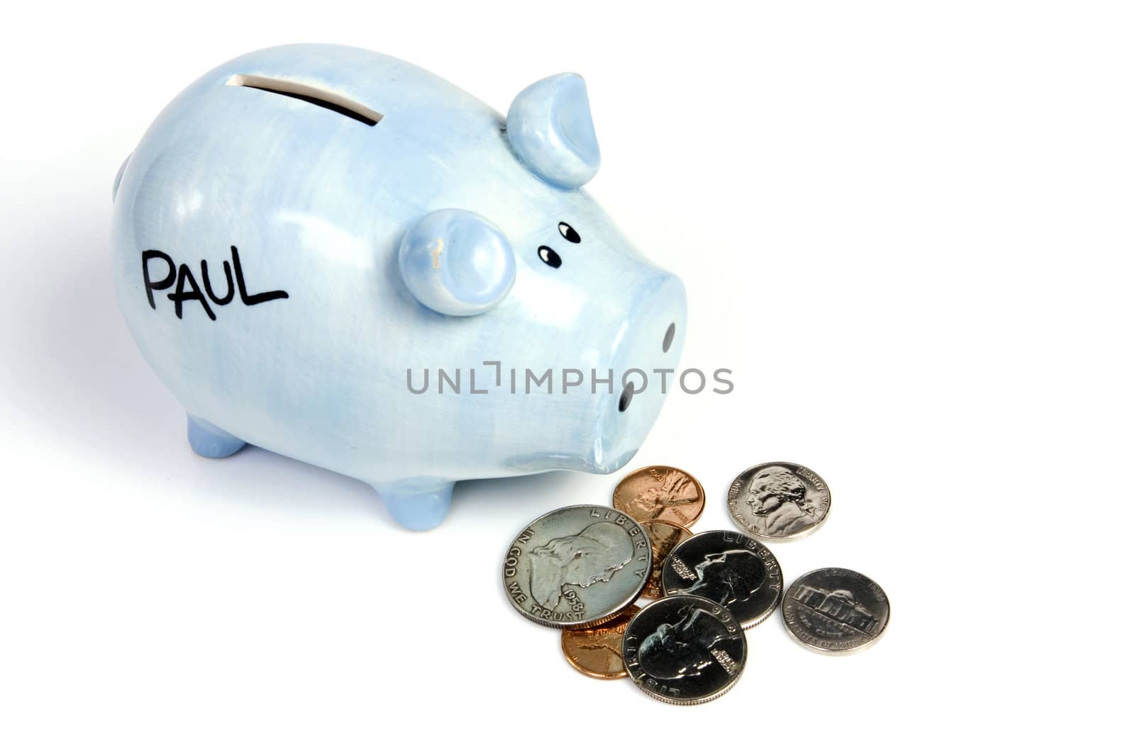 Blue piggy bank savings and coins on white isolated