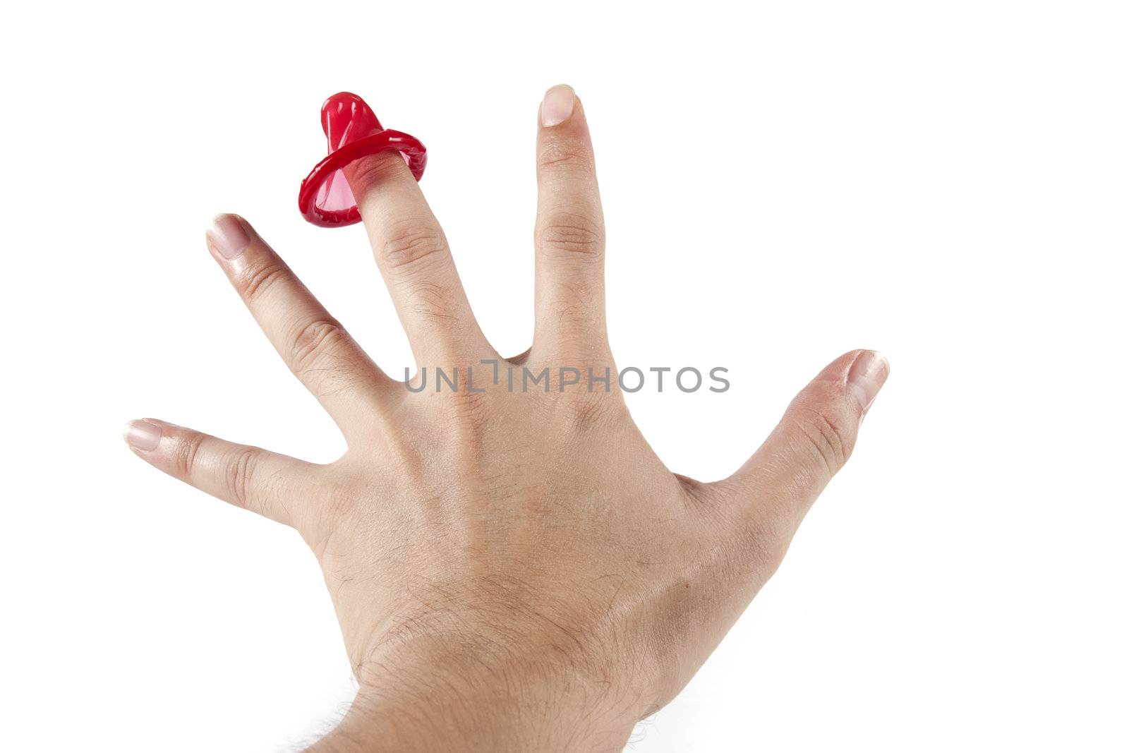 Condom in midle finger on the white background