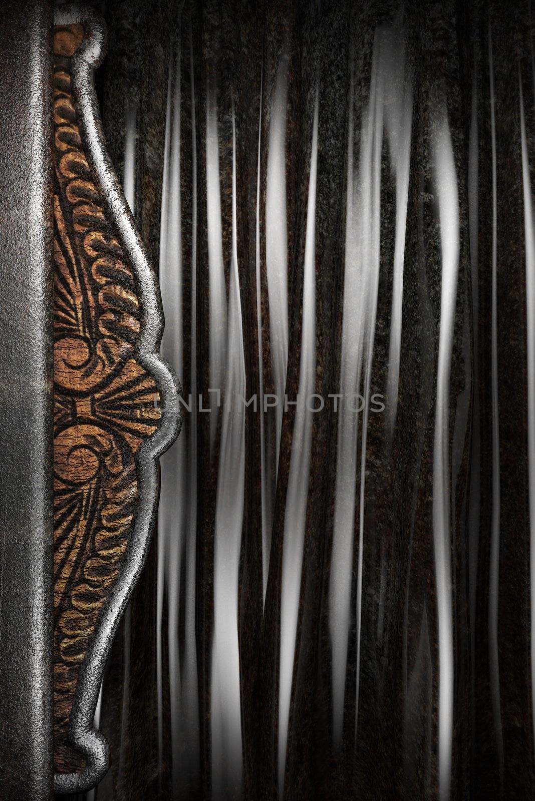 Metal on black silk curtain