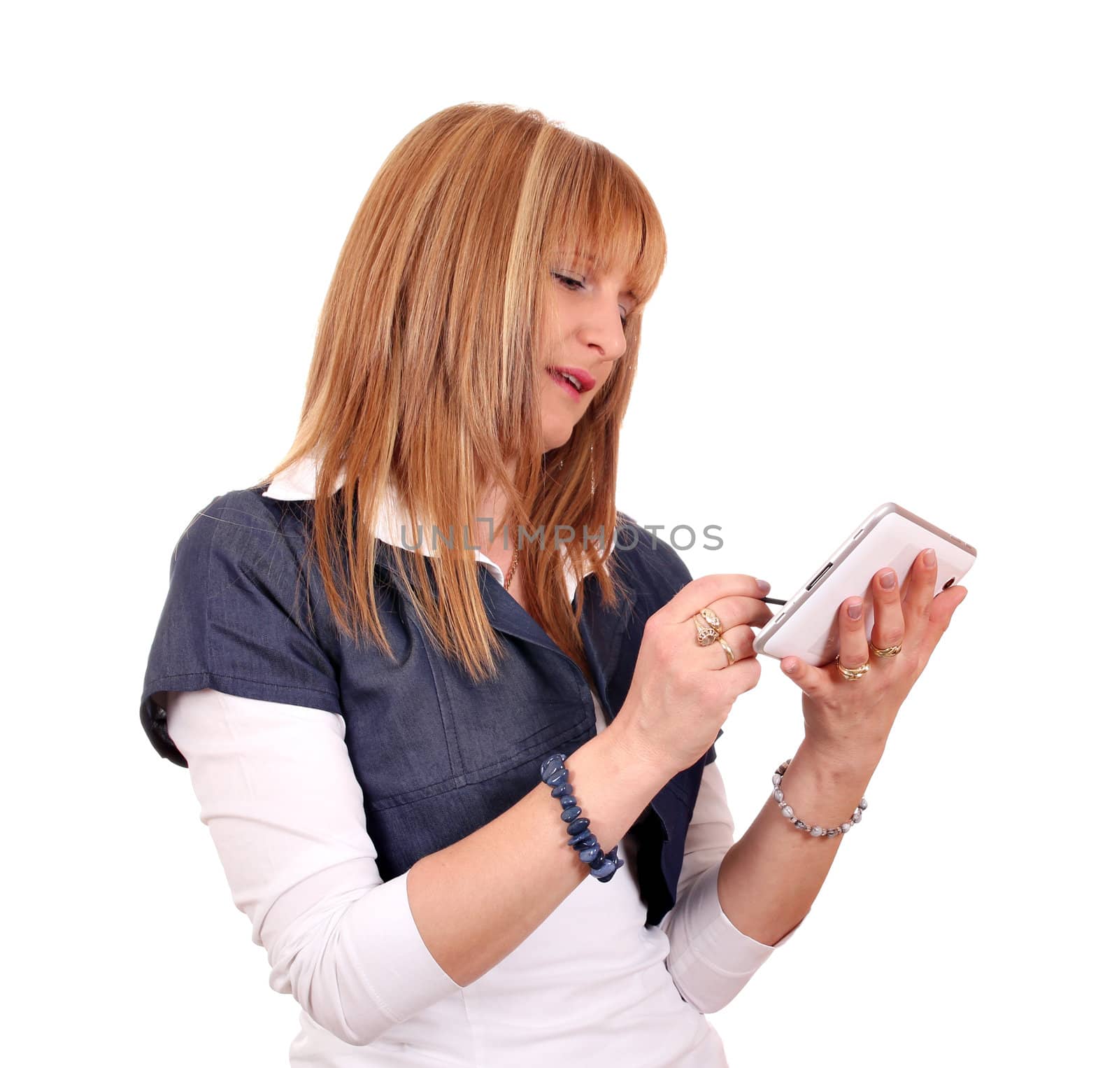 woman with tablet pc on white by goce