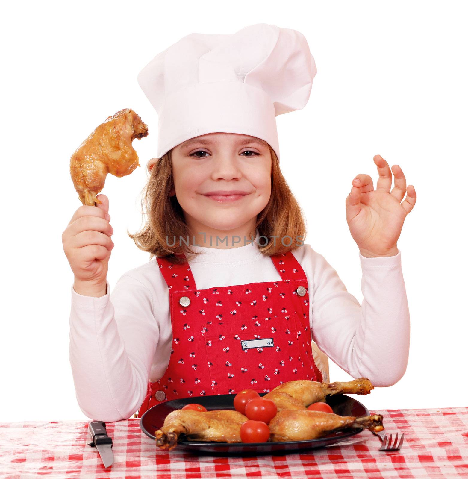 little girl cook with chicken drumstick by goce