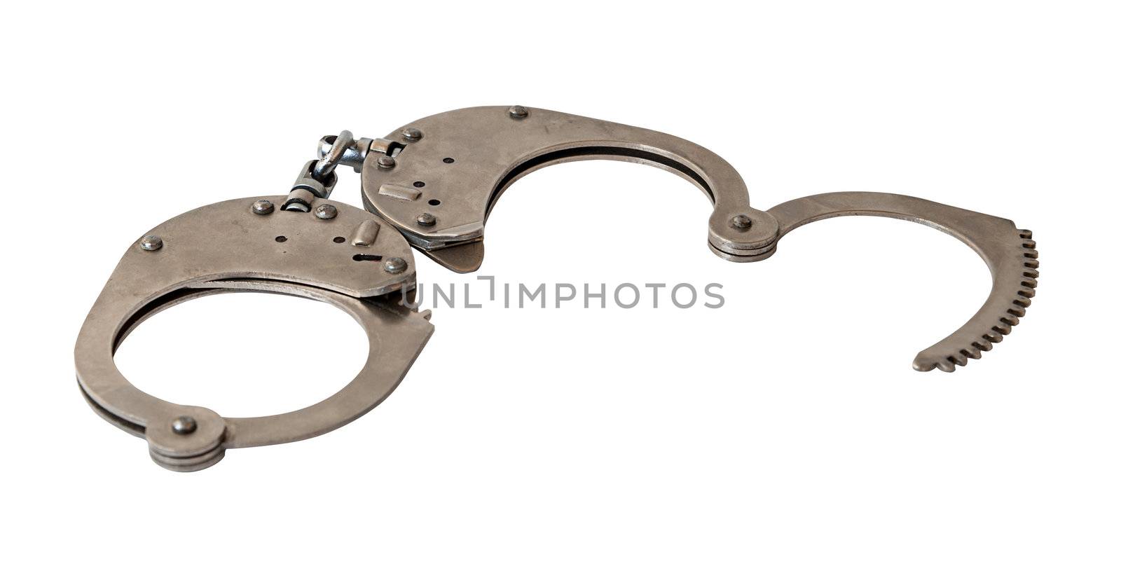 Steel metallic handcuffs isolated on white background