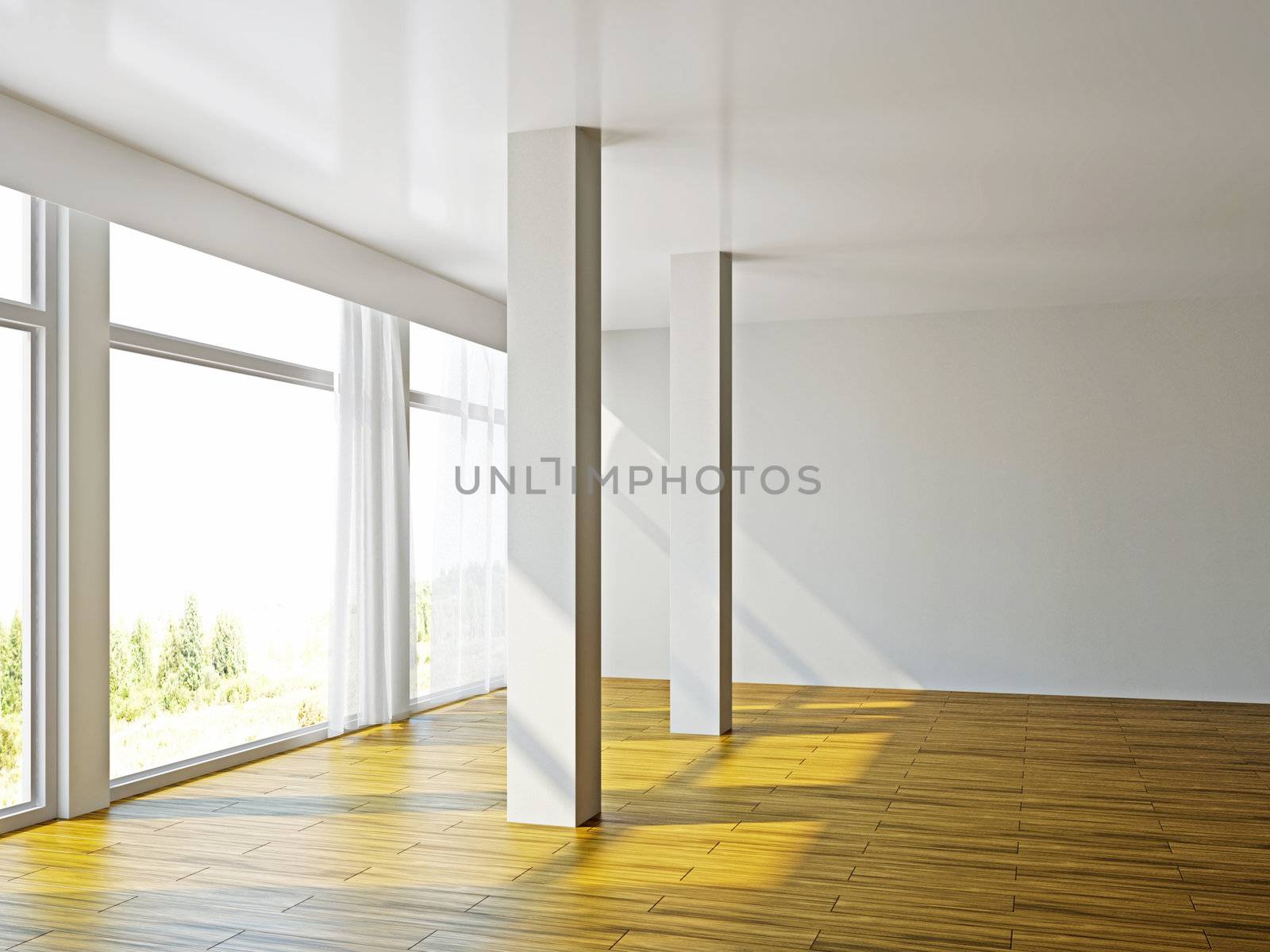 Empty room with windows and a column