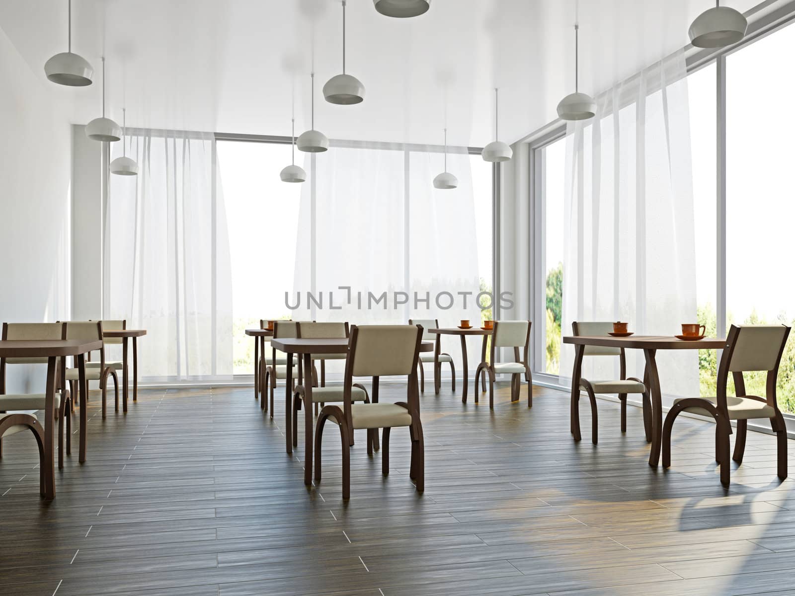 Cafe with wooden furniture and large windows