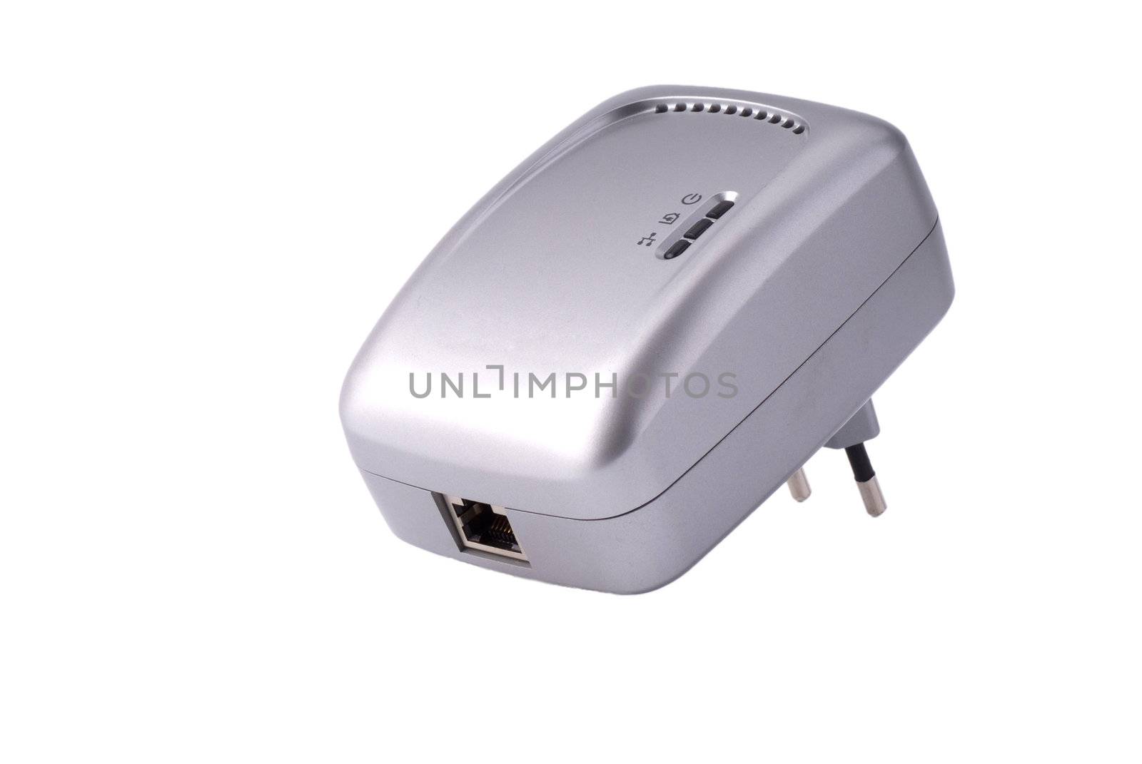 Powerline ethernet adapter on white with shadow and reflection