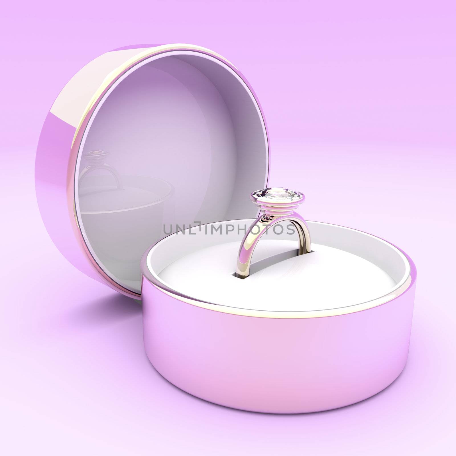 Pink gold diamond ring in a box on pink background