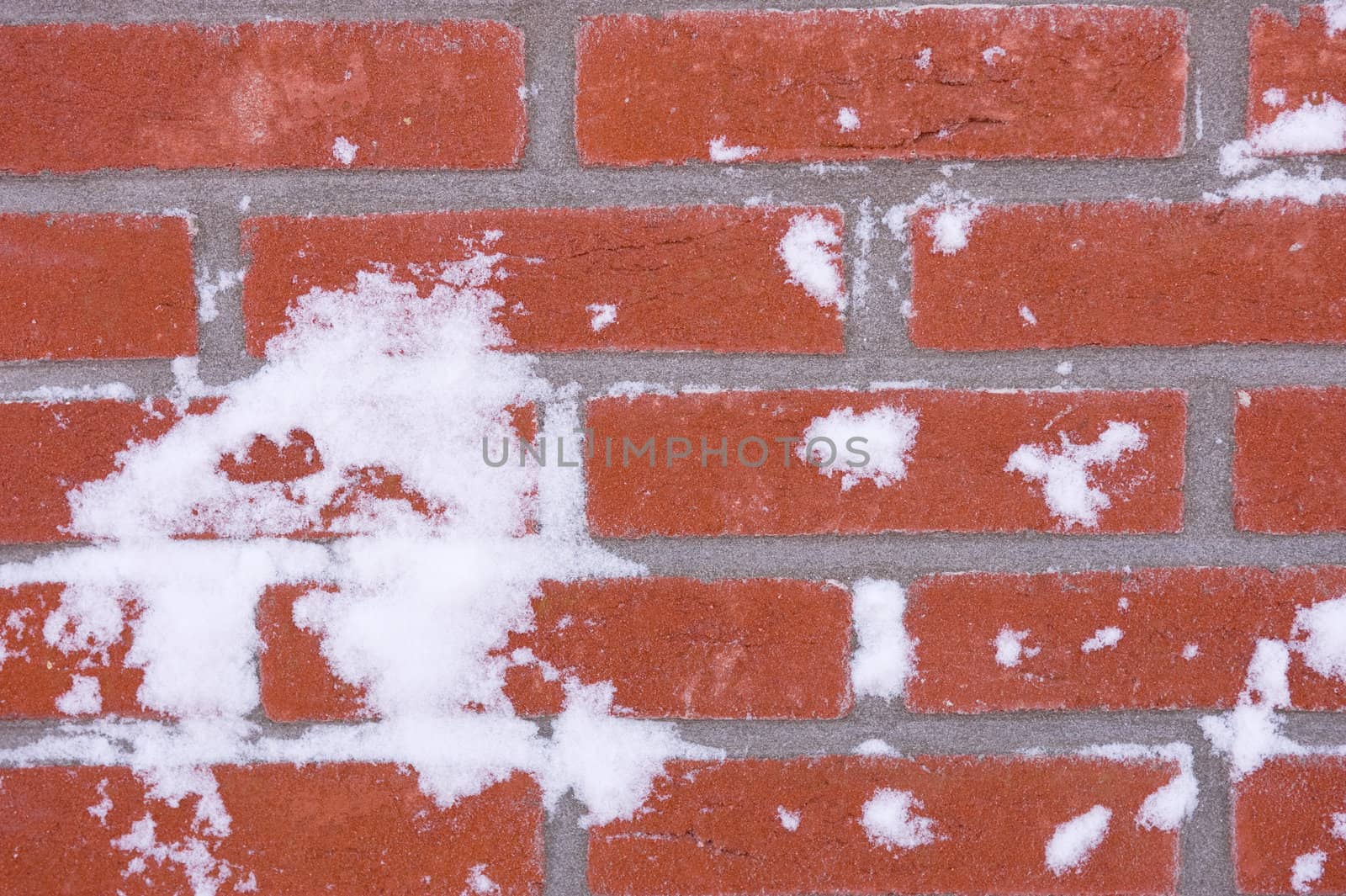Red brick wall with snow ball impact