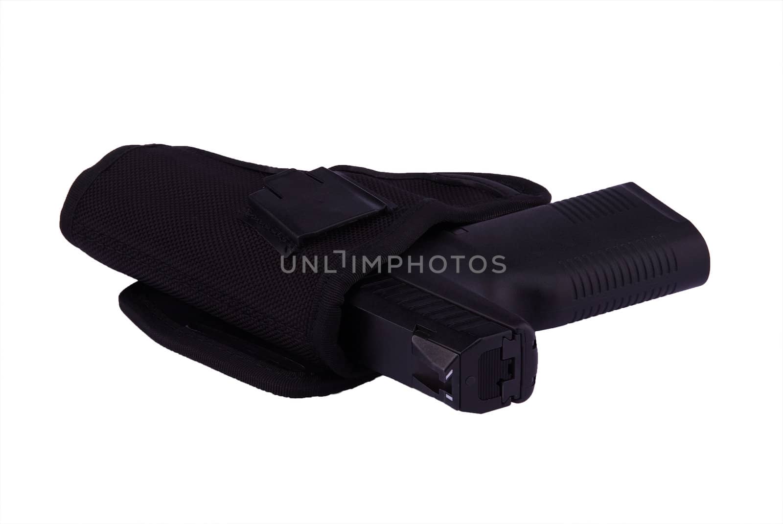 Black 9 mm pistol in holster