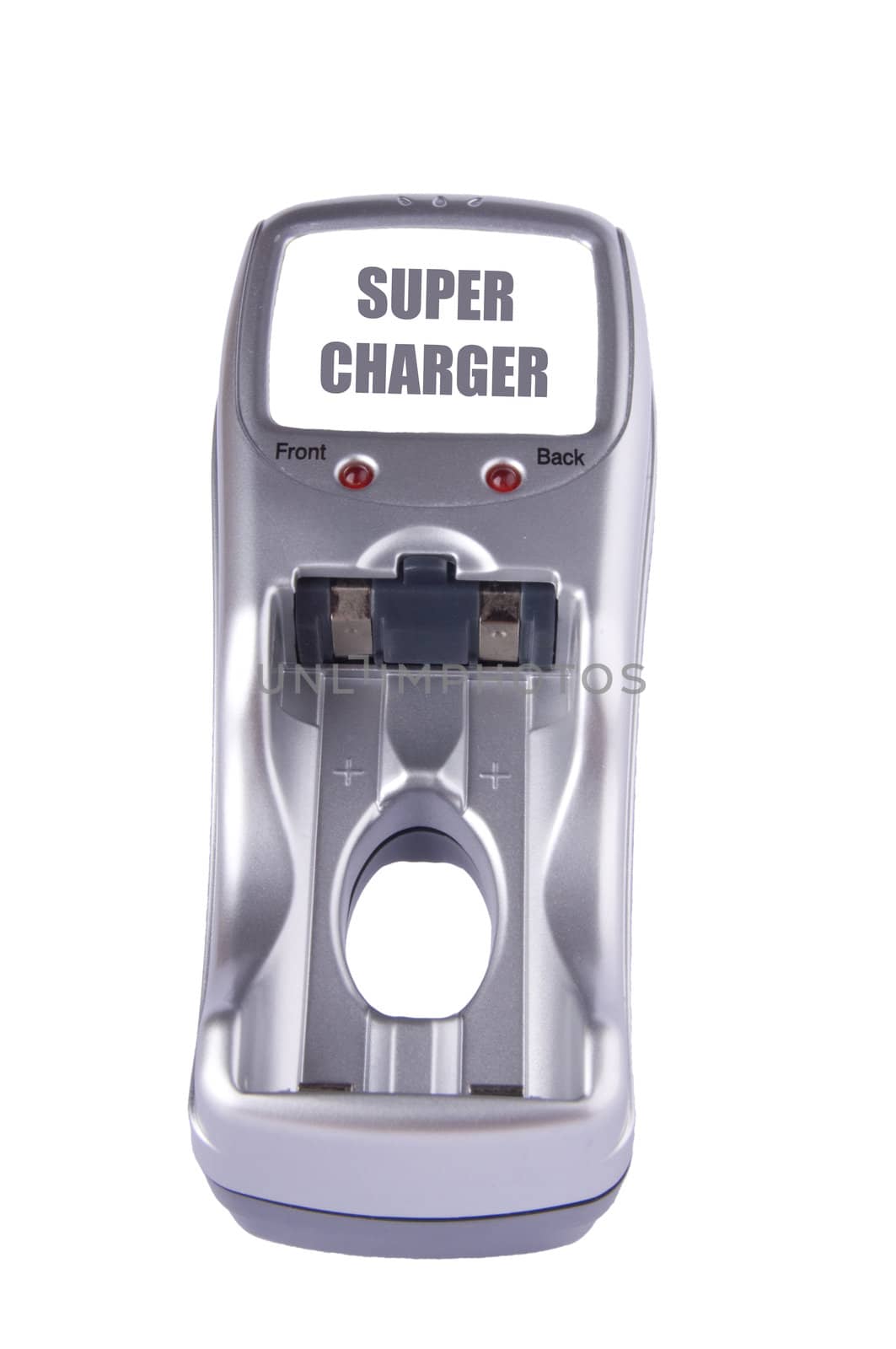 Small silver and gray plug-in battery charger