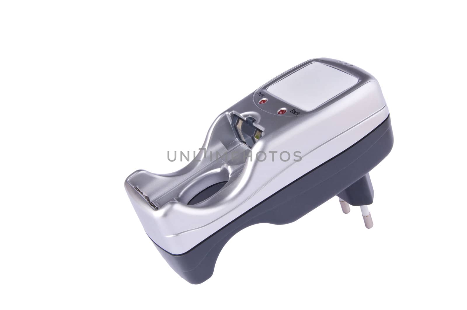 Small silver and gray plug-in battery charger