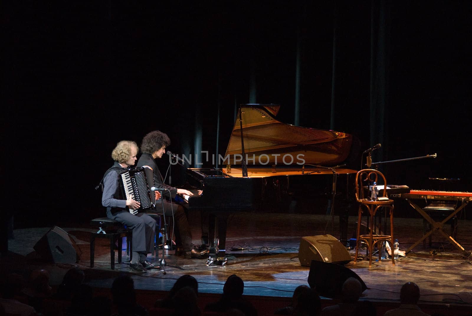 Lelystad, The Netherlands - March 28: Gino Vannelli and Bert van den Brink live on stage at the Seabottom Jazz Festival in Lelystad The Netherlands on March 28, 2009