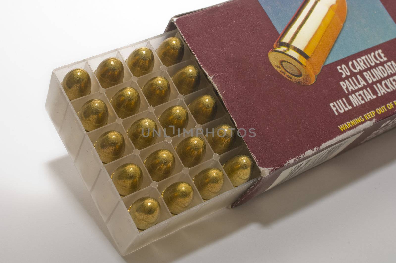 Open box of 9 mm pistol cartridges