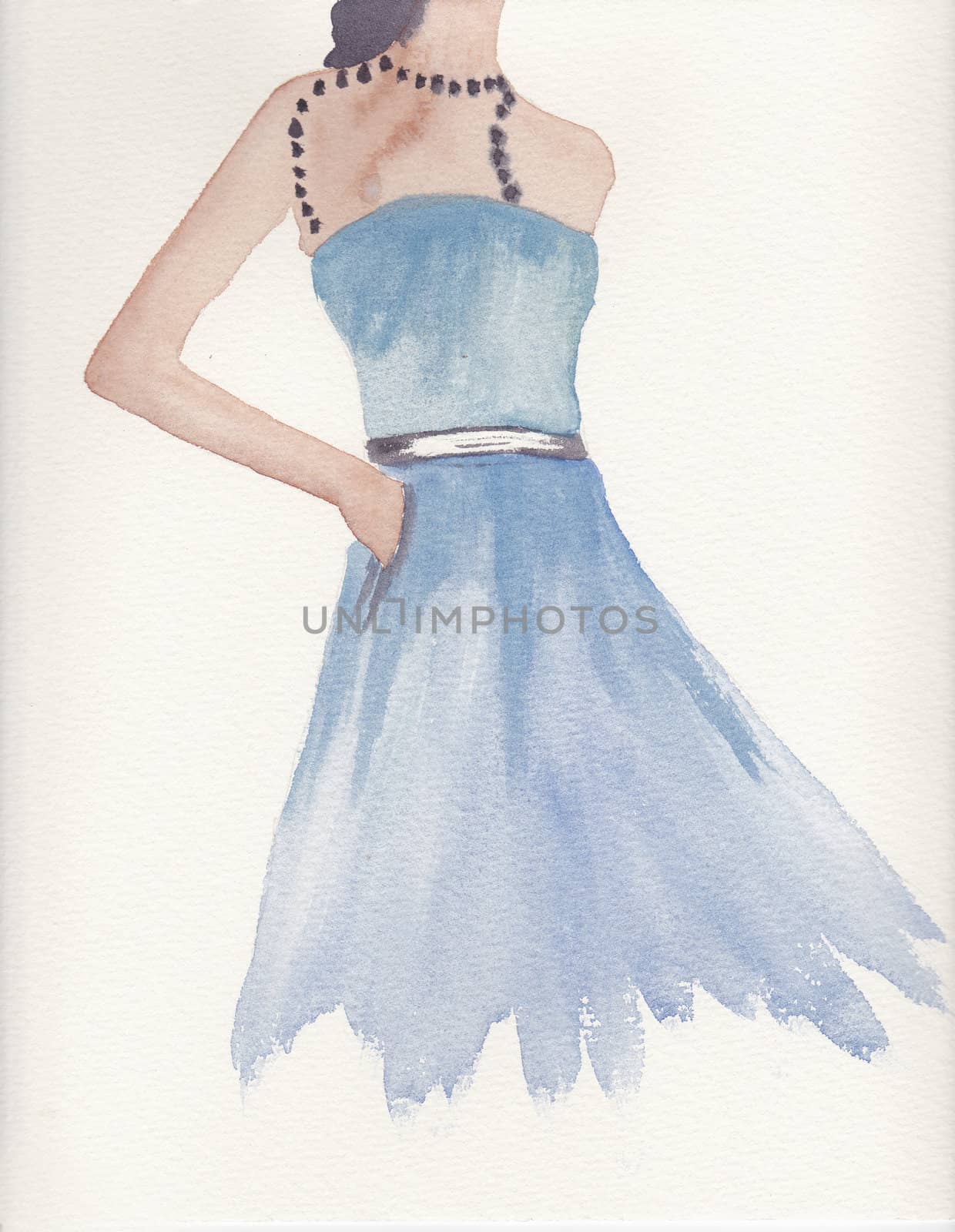 hand painted by me watercolor of a woman in blue dress by paddythegolfer