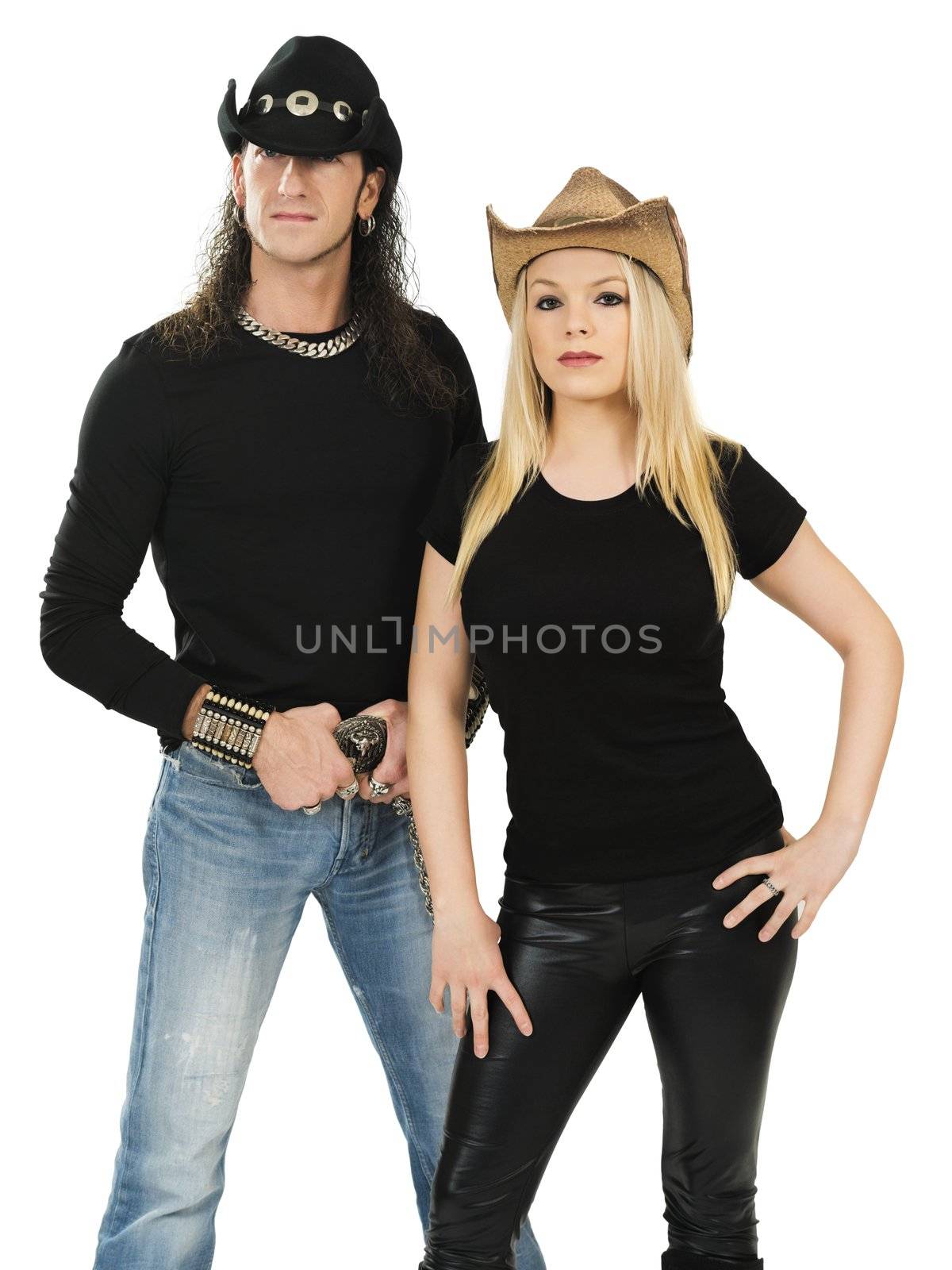 Photo of a man and woman posing with cowboy hats and blank black shirts. Ready for your custom shirt design to be added.