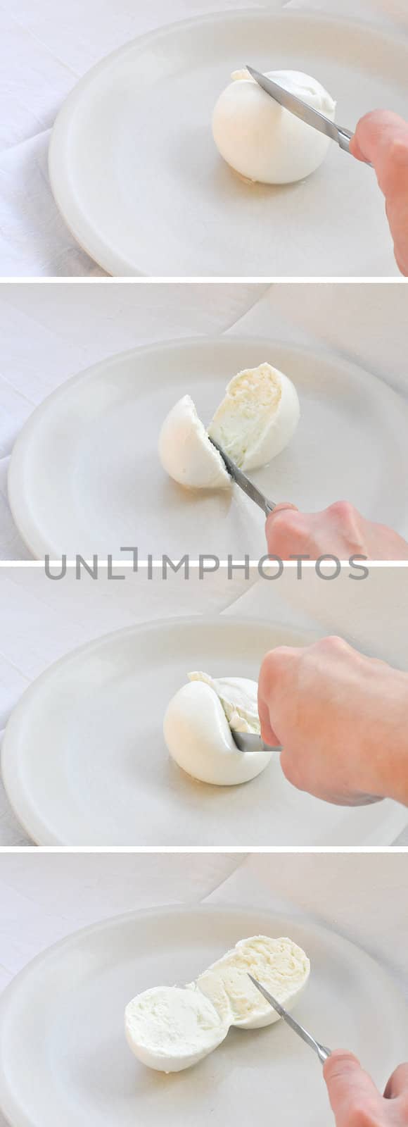 Traditional Italian mozzarella di bufala (buffalo mozzarella) cheese made from buffalo milk - slicing sequence