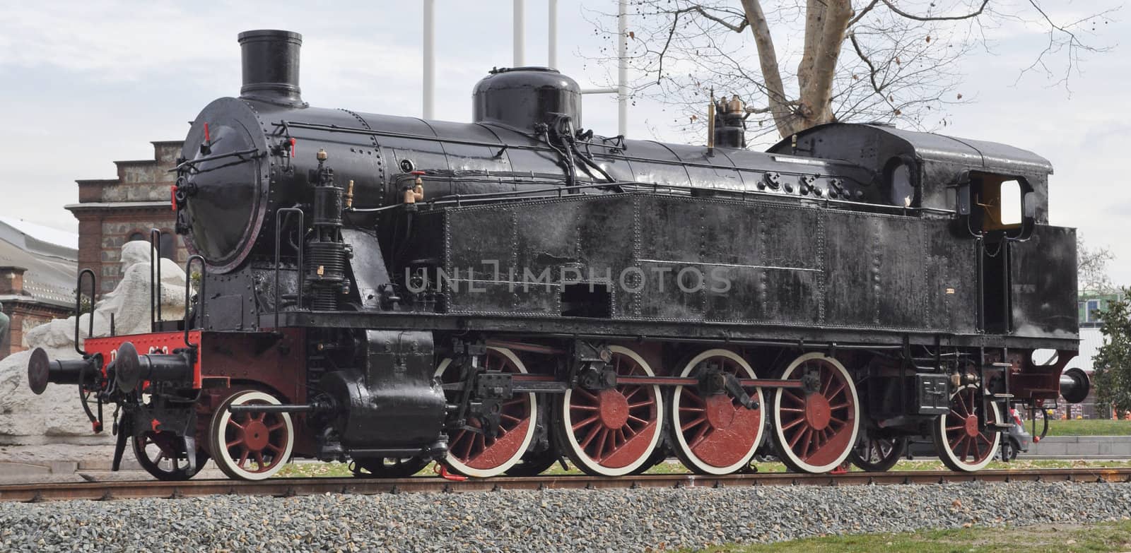 Detail of ancient steam train locomotive vehicle