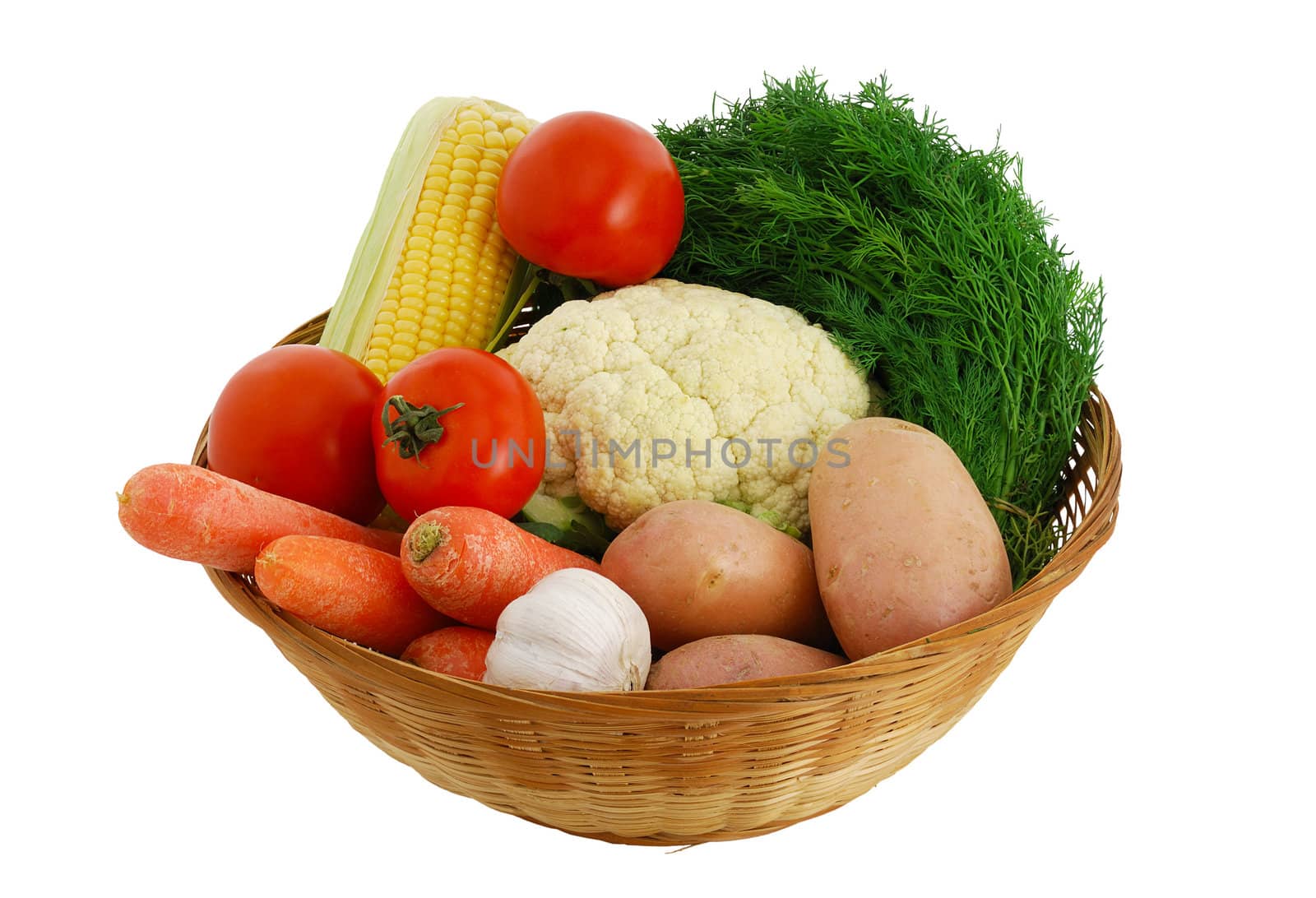 Big mix of fresh vegetables in straw bowl by vadidak