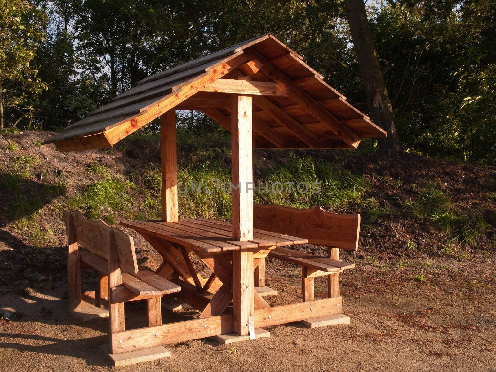 Wooden picnic table with shade roof outdoors in nature