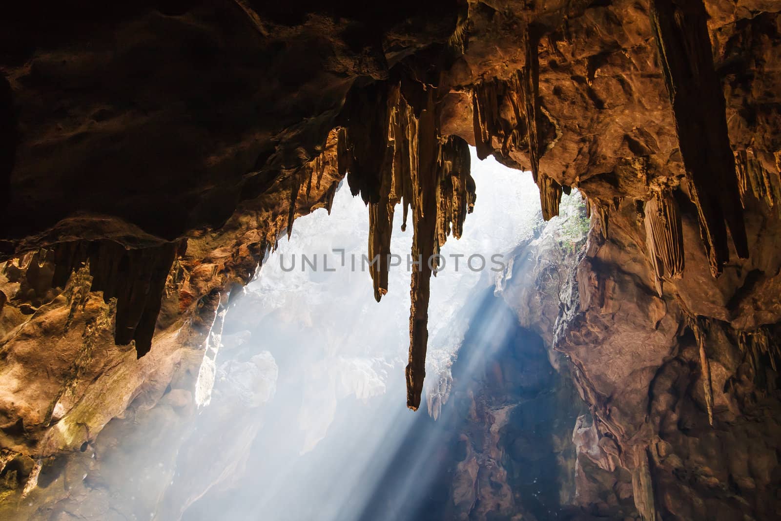 Sun Light in the cave at Khaoluang, Phetchaburi Province, Thailand.