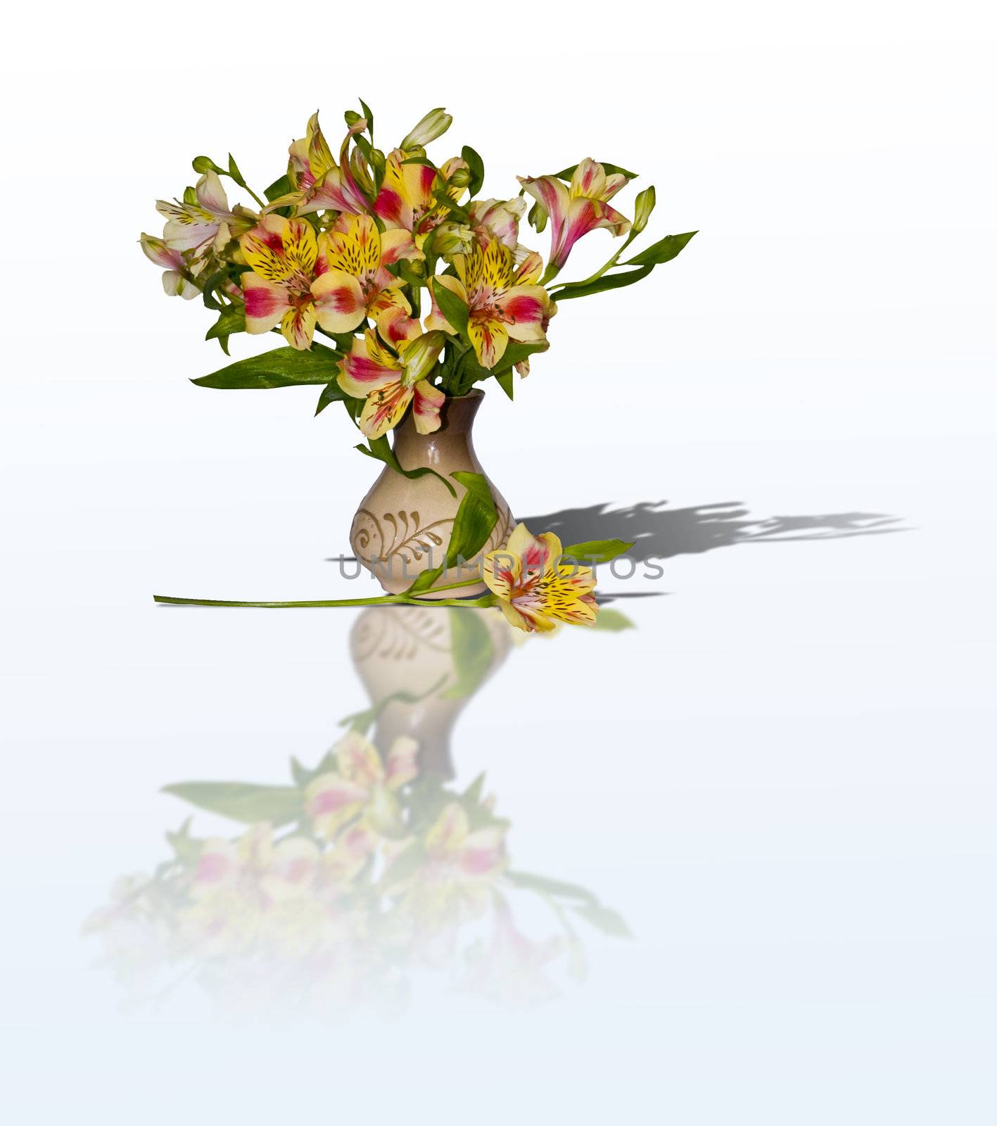 	bouquet of alstroemeria in a clay vase by soloir