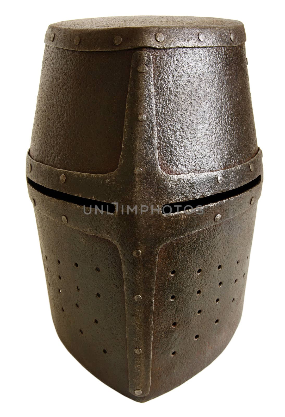 Iron helmet of the medieval knight. Very heavy headdress.