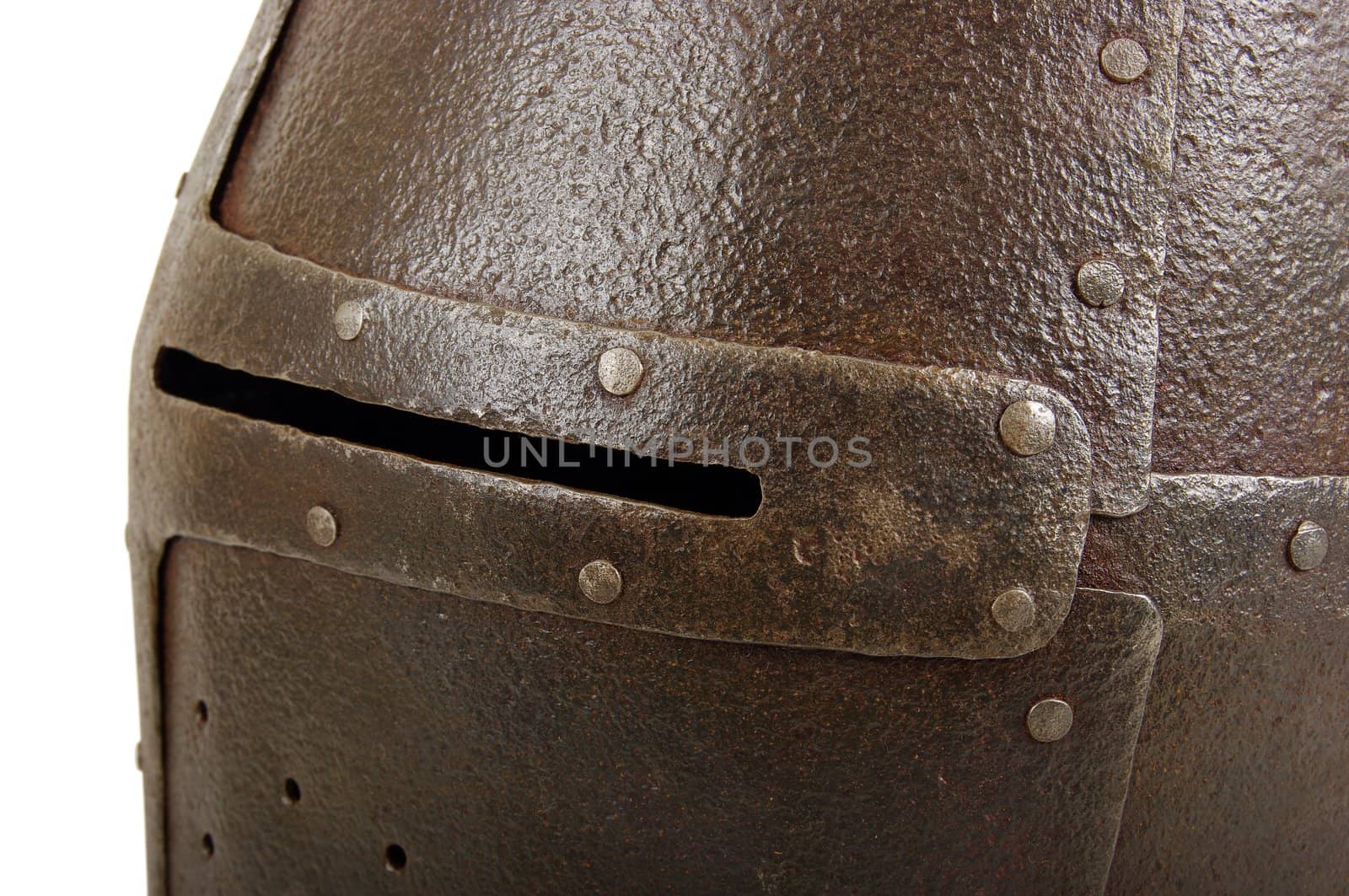 Iron helmet of the medieval knight. Very heavy headdress.