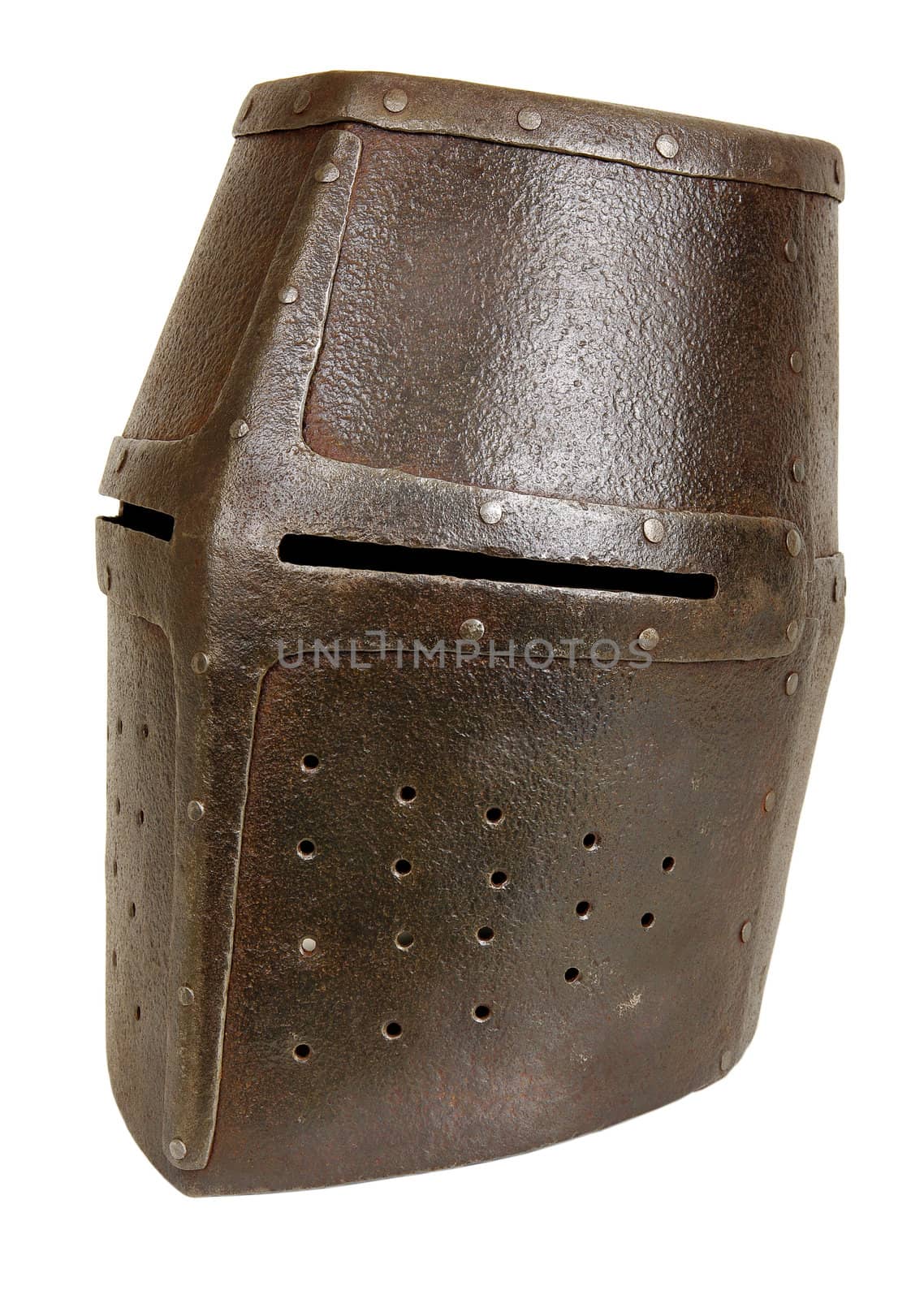 Iron helmet of the medieval knight. Very heavy headdress