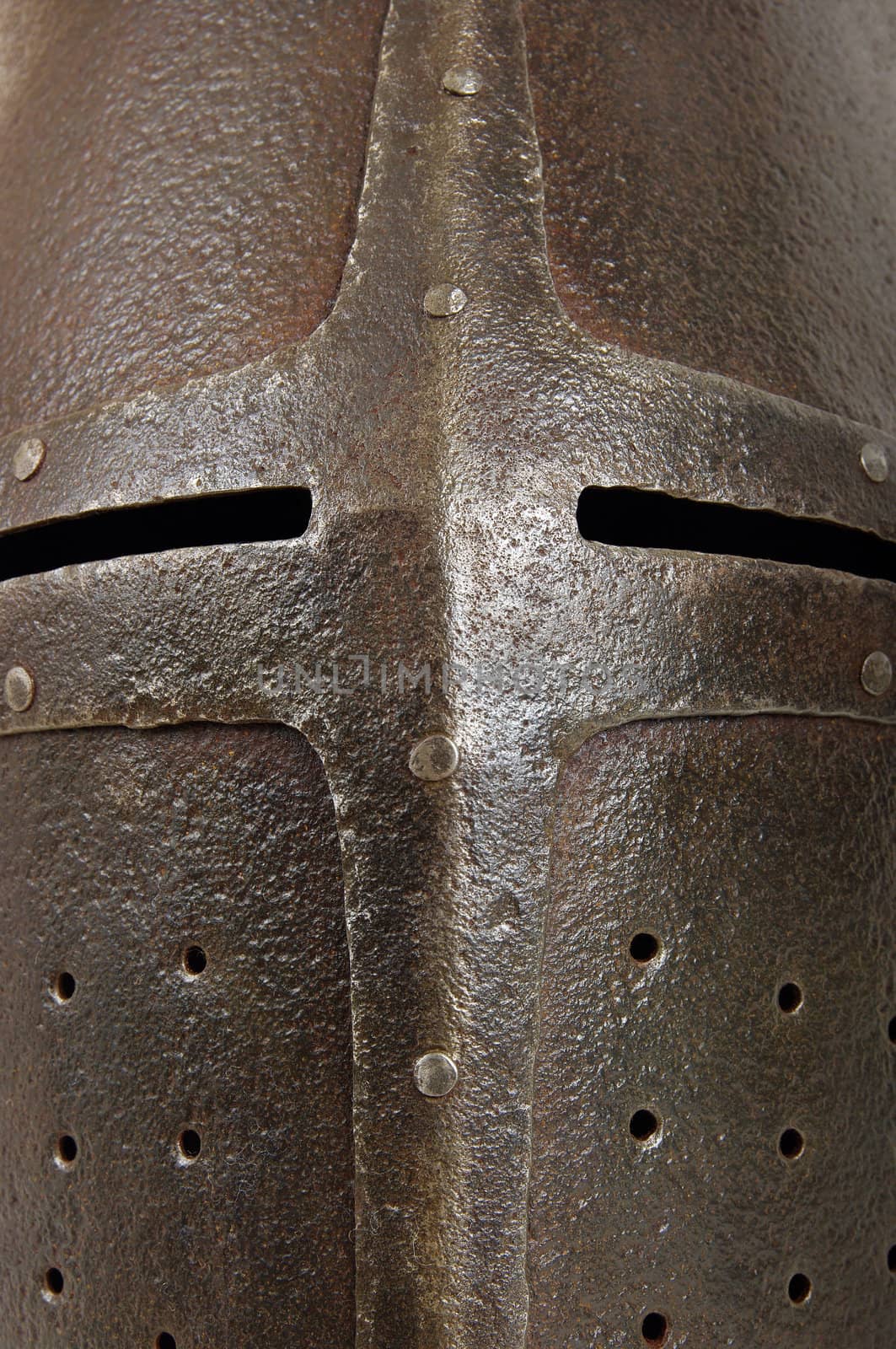 Iron helmet of the medieval knight. Very heavy headdress