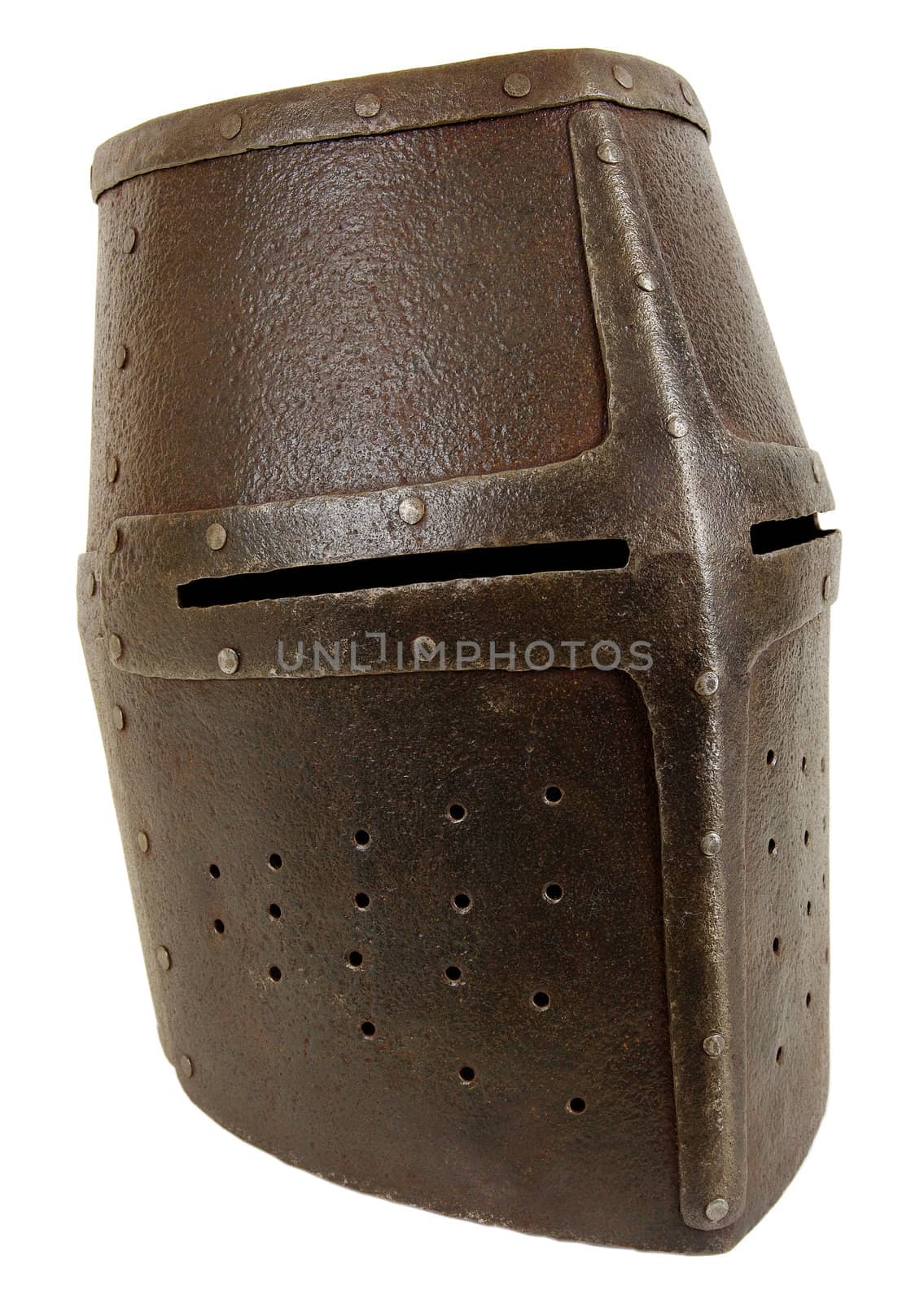 Iron helmet of the medieval knight. Very heavy headdress