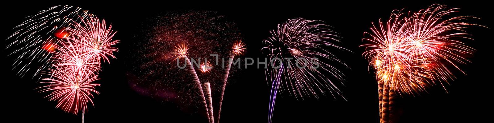 Collection of Multicolored Fireworks with Rocket Trails Against a Black Sky