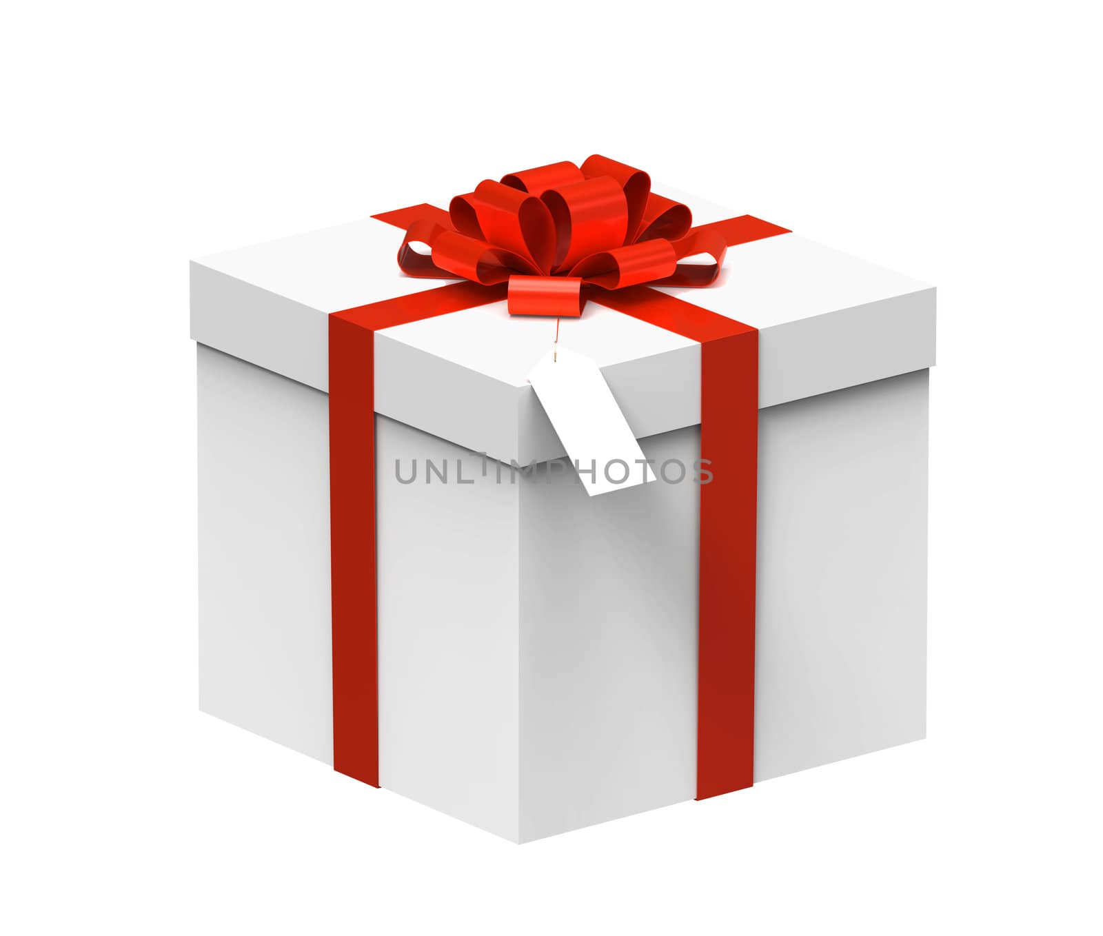 White gift box with red ribbon isolated on white