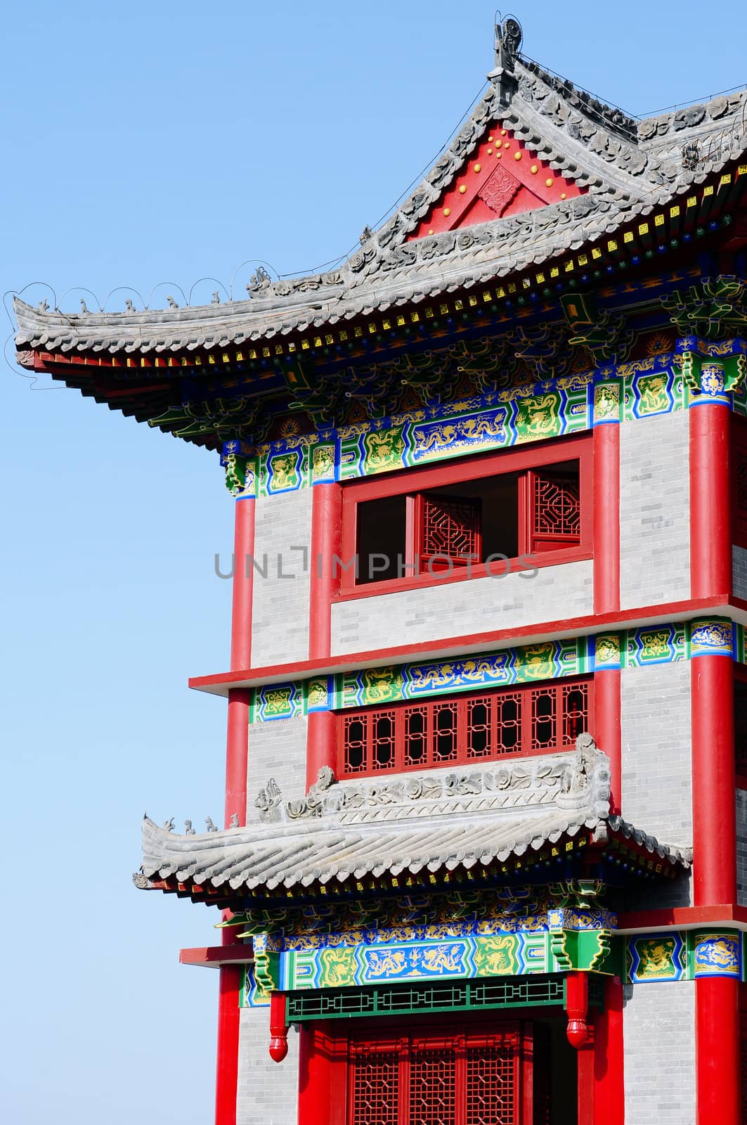 Closeup view of a traditional Chinese ancient building against the blue sky