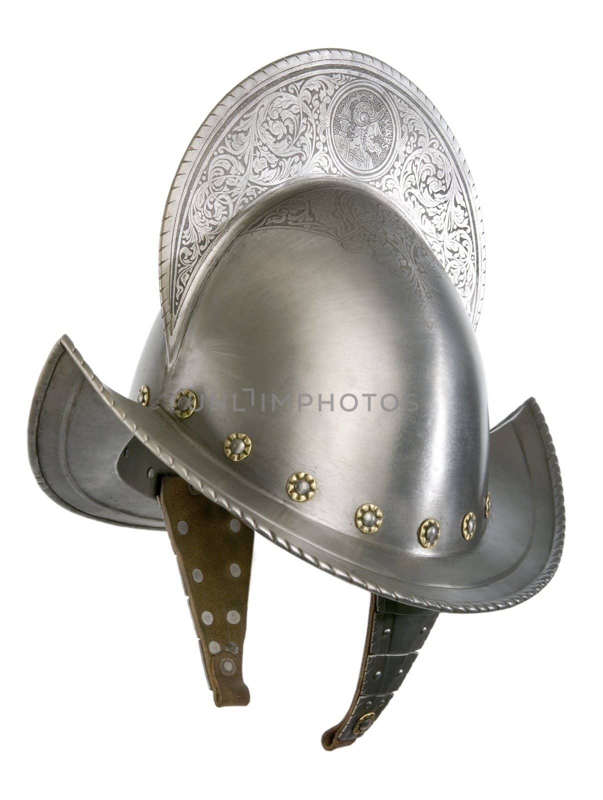 Iron helmet of the medieval knight. Very heavy headdress