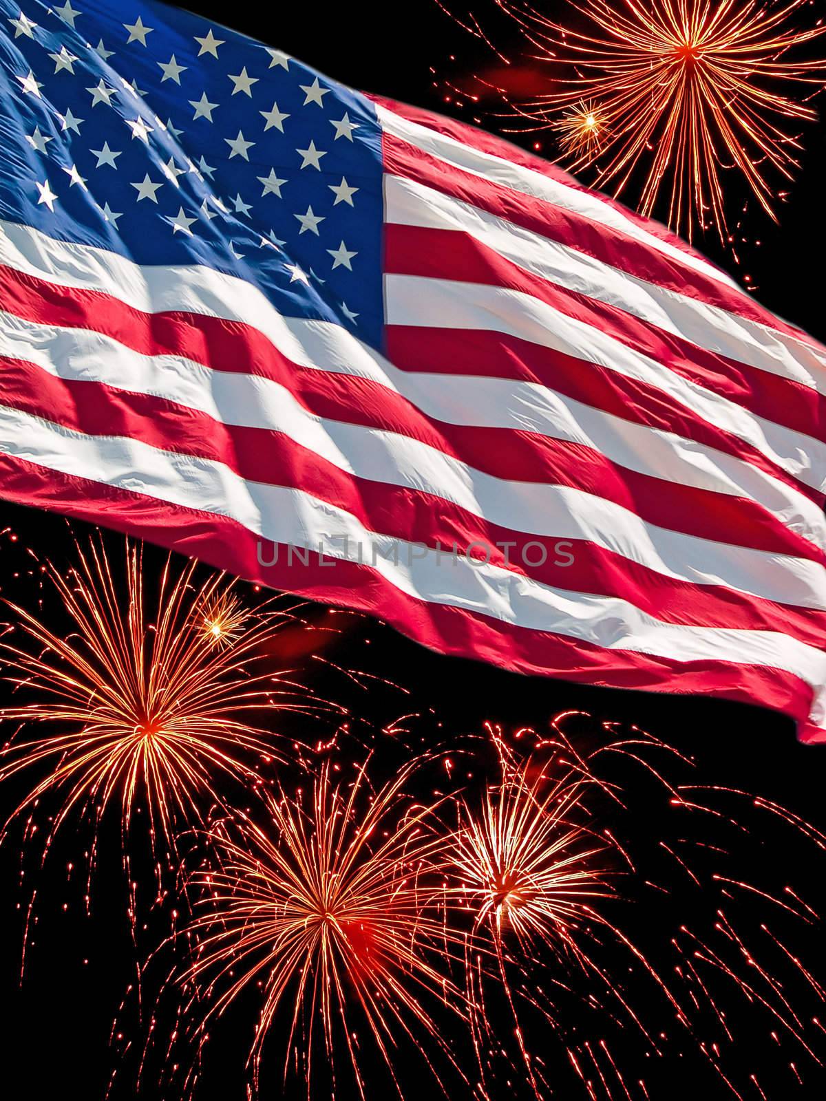 The American Flag and a Fireworks Display