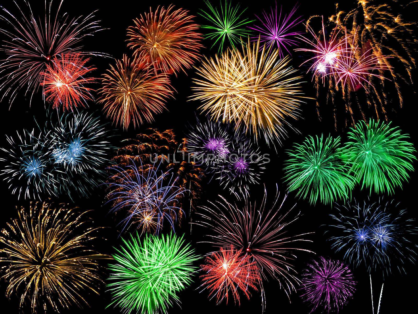 Collage of Multicolored Fireworks Against a Black Sky by Frankljunior