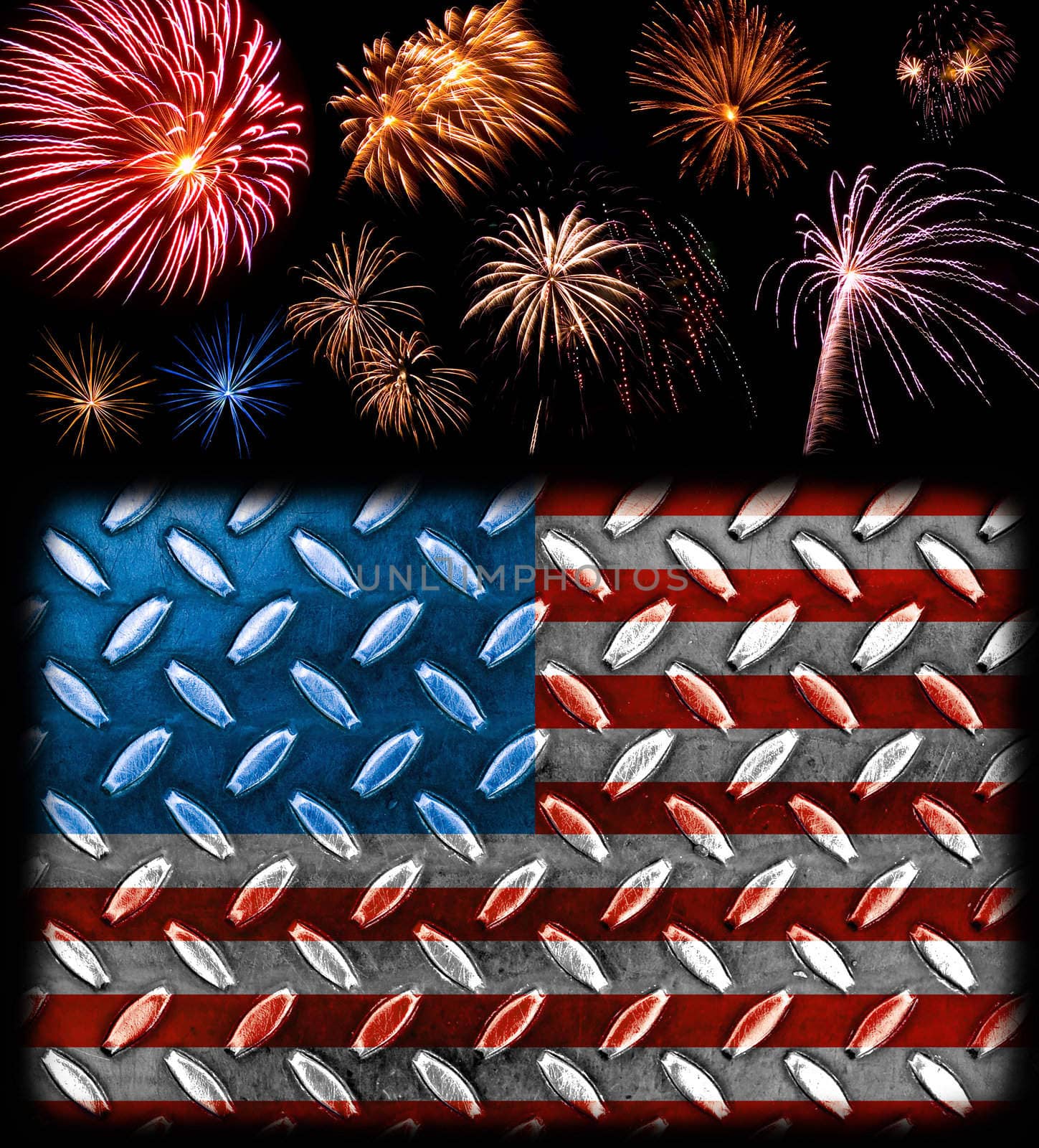 Fireworks in the Bckground of a Steel Plated American Flag