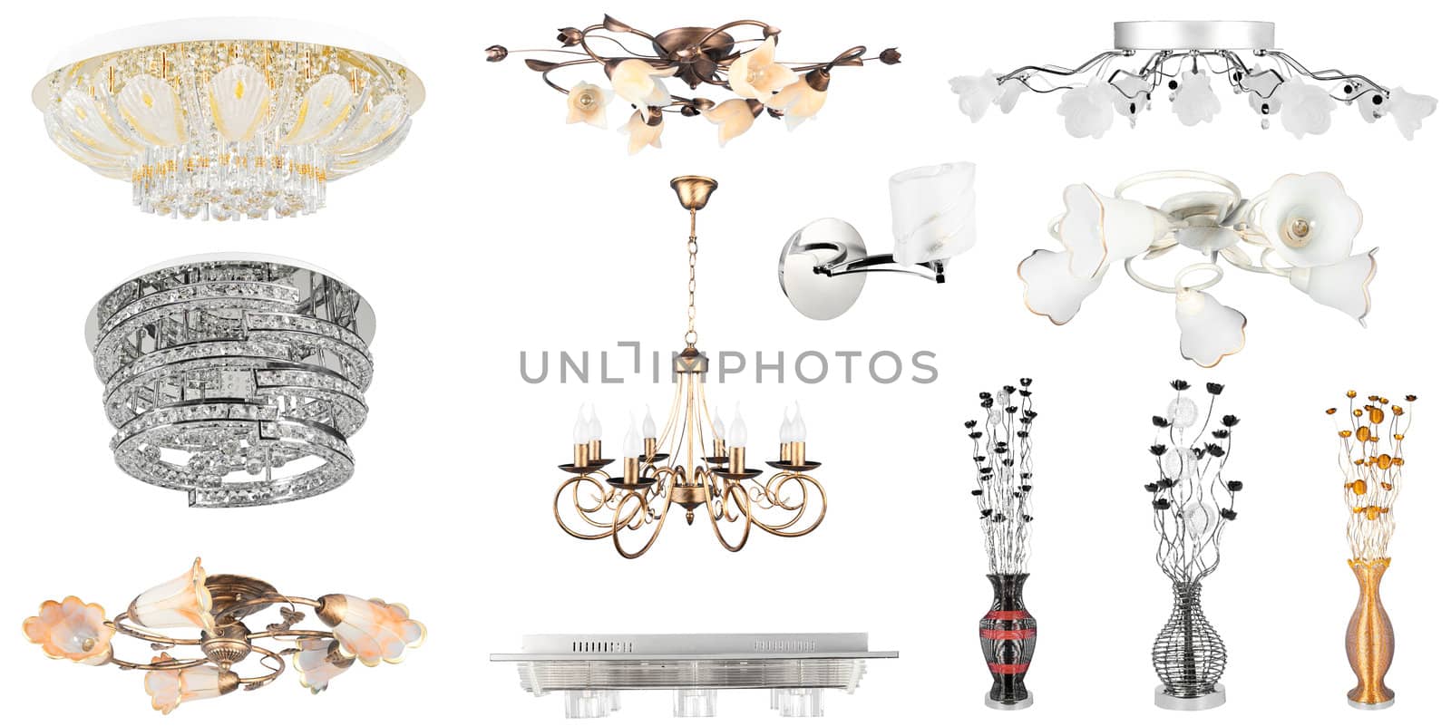 Set of modern and vintage lamps. Isolated over white background