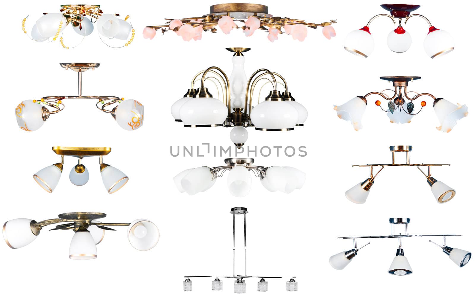 Electric vintage and modern lamp set. Side view. Isolated over white background