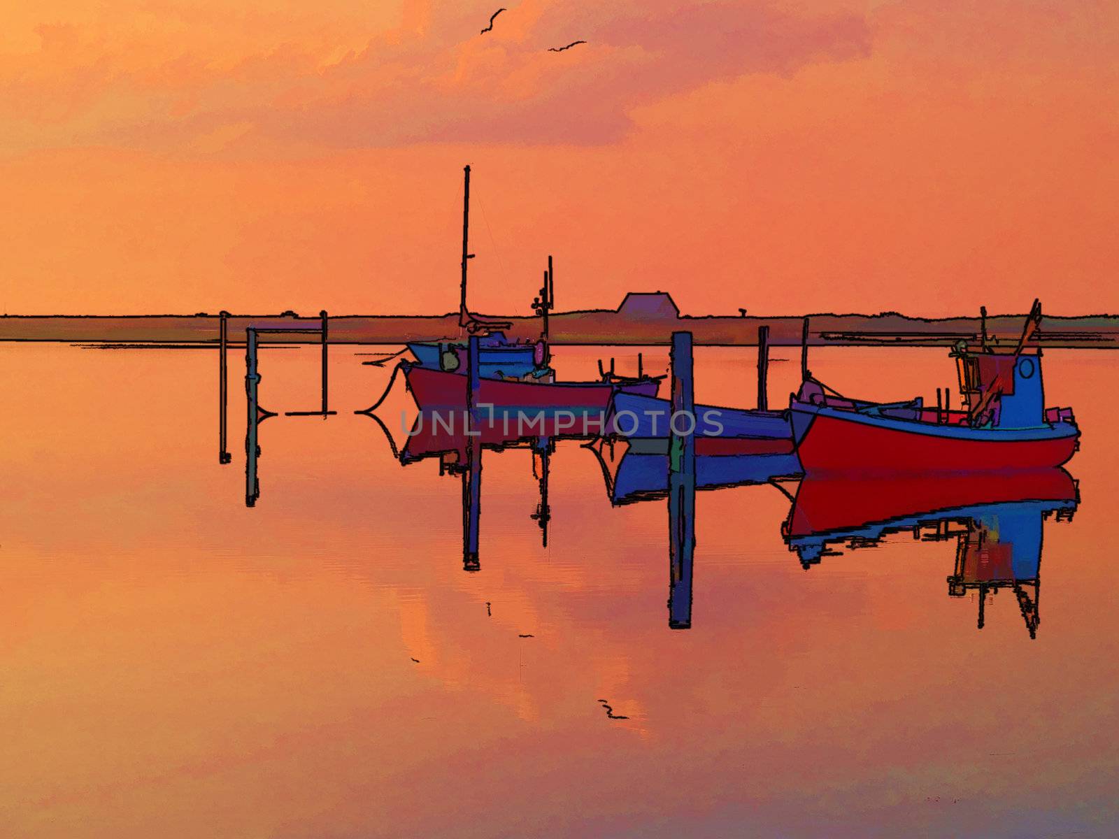 Reflection of a small dinghy dory boats in the sunset great sailing boating fishing image digitally altered manipulated