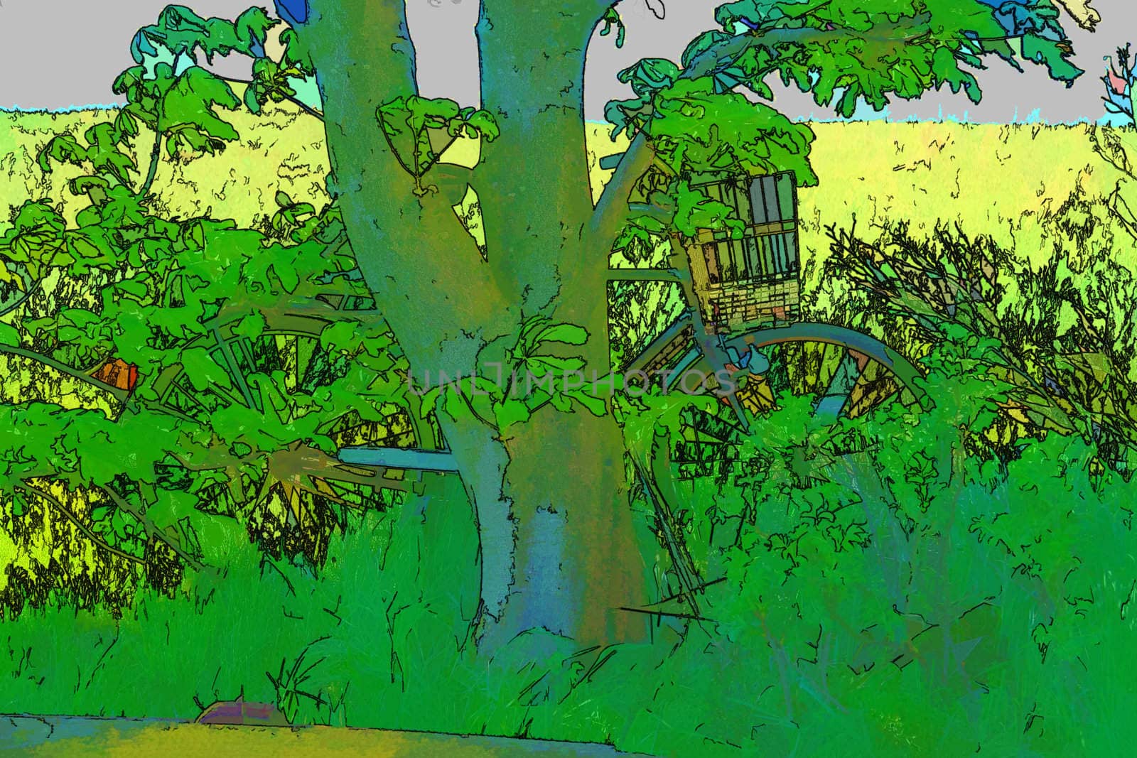 Vintage classical old Bicycle against a tree in field country side picnic outdoors digital art manipulation