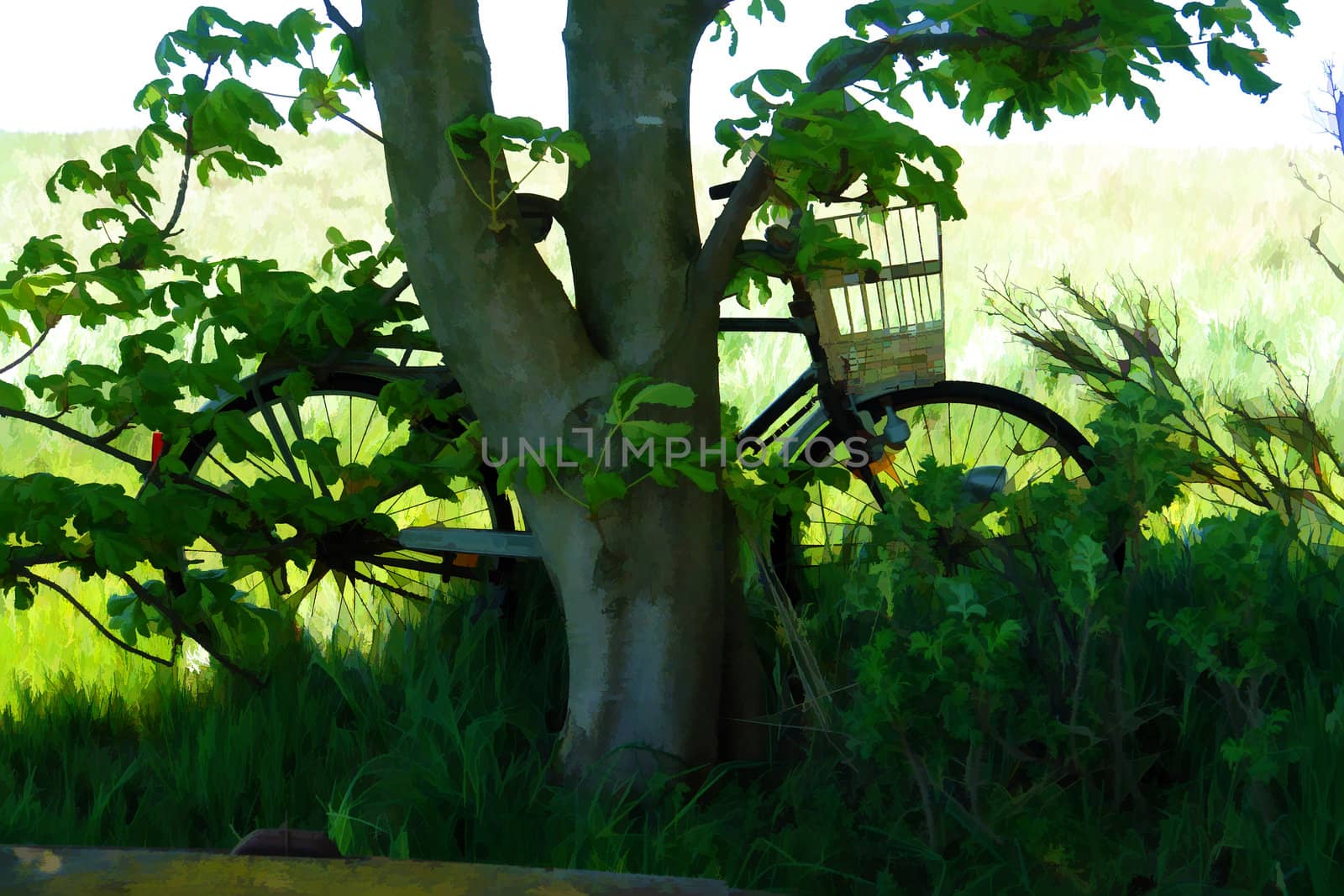 Vintage classical Bicycle against a tree digital art by Ronyzmbow