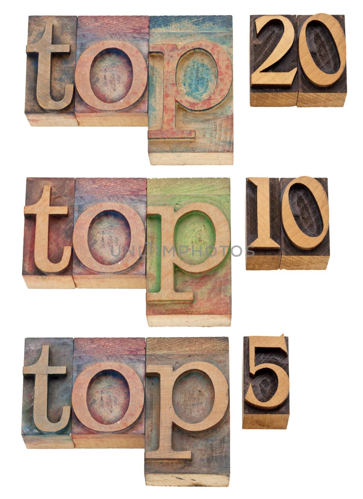 top 20, top 10, top 5 - popularity concept - isolated text in vintage wood letterpress printing blocks
