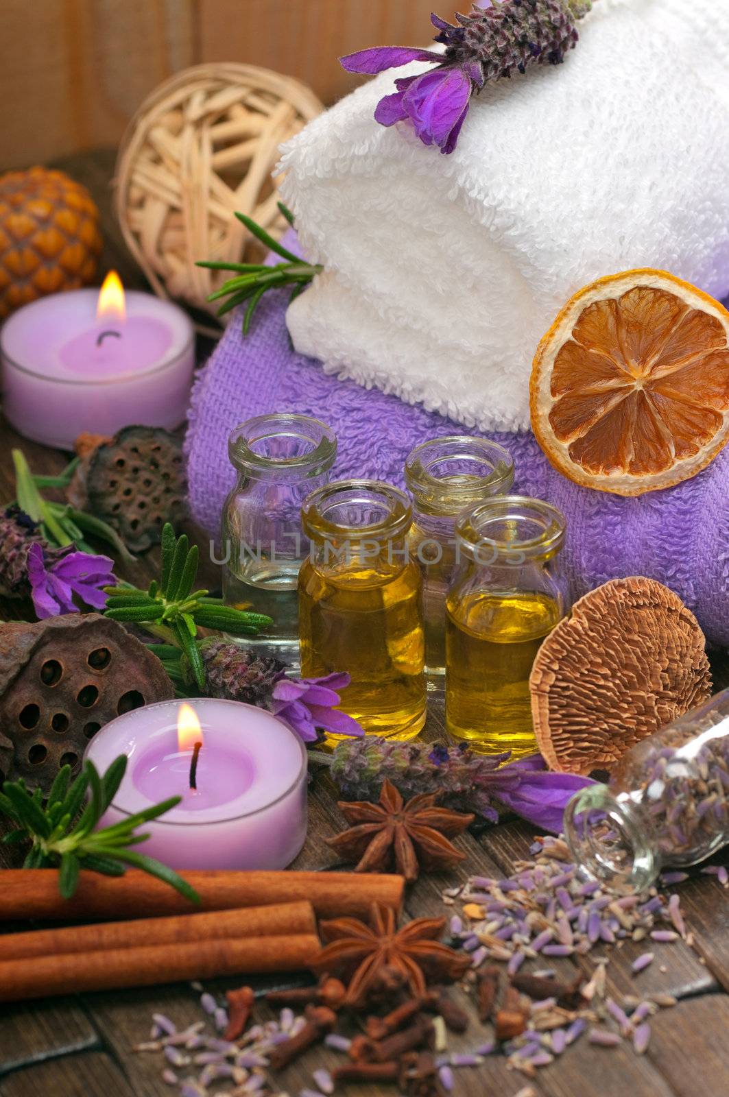 Spa concept with lavender, massage oil, aromatherapy items