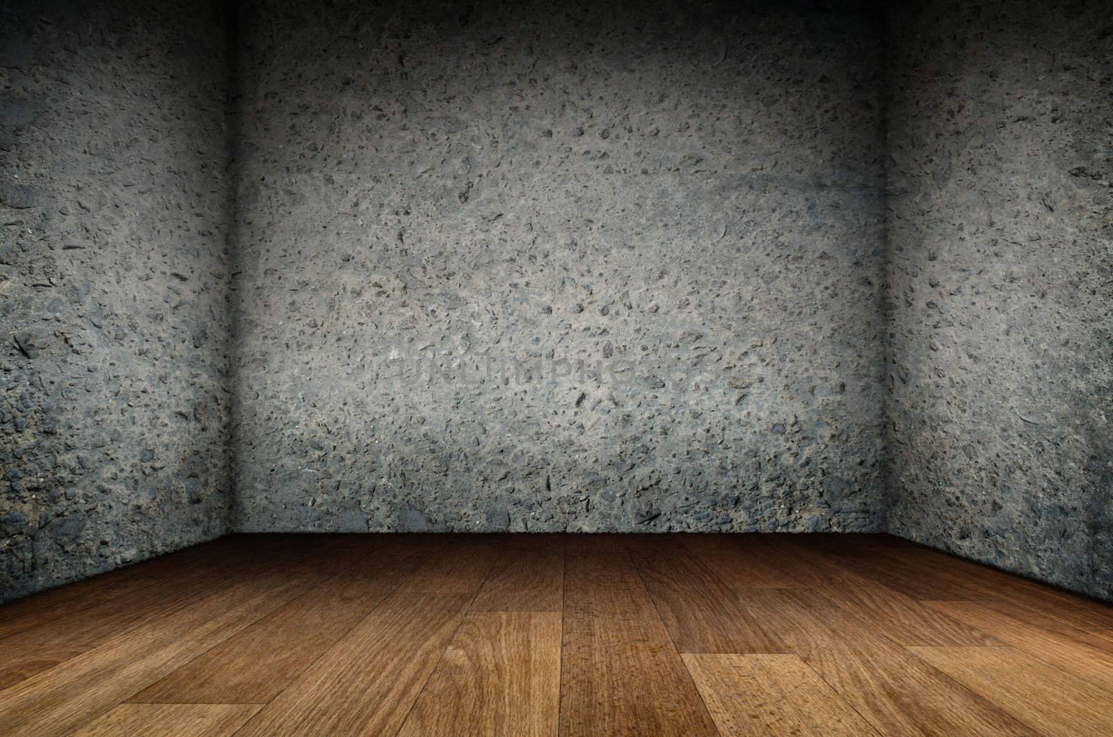 Wooden parquet and concrete walls in dark empty room