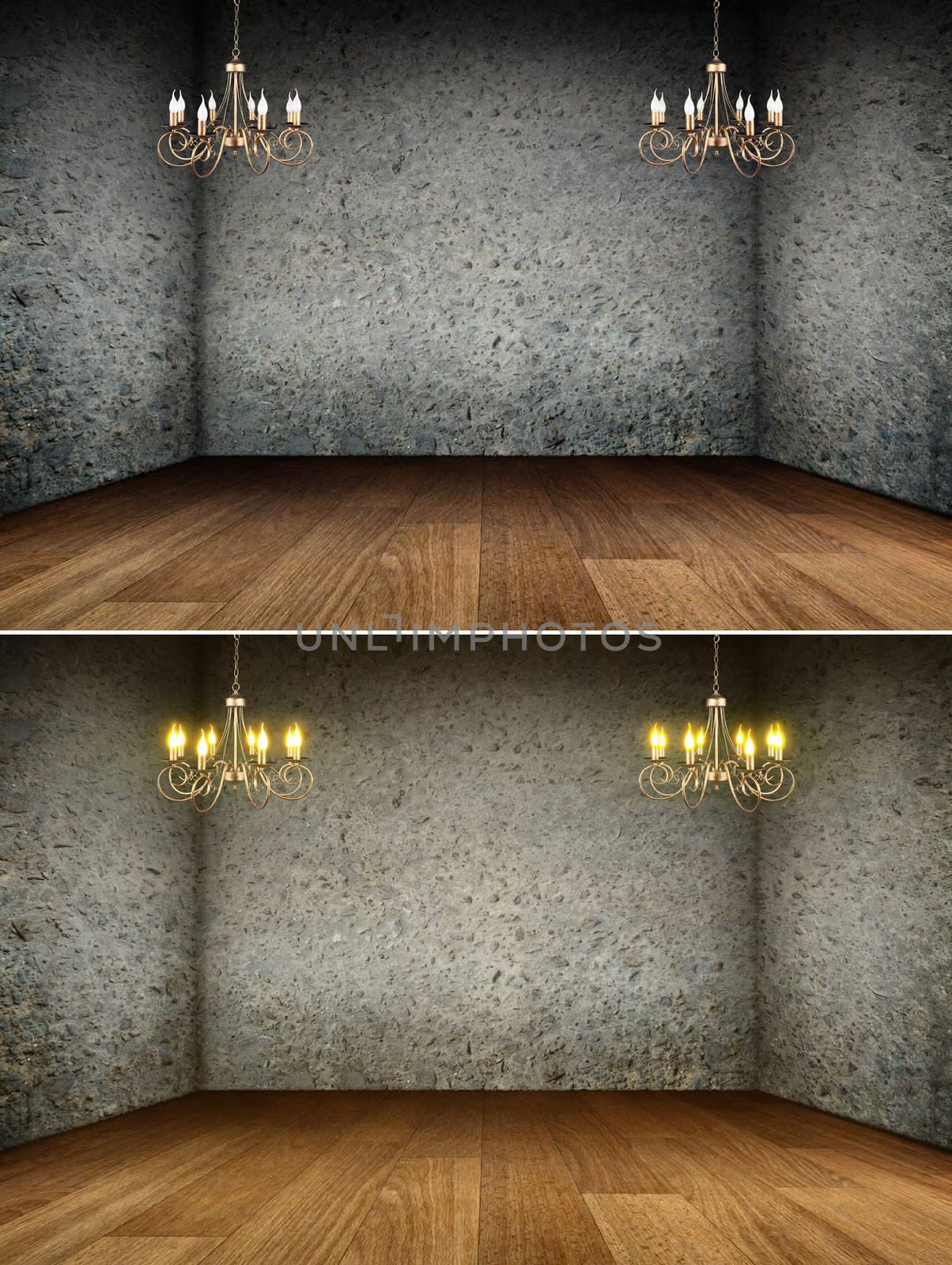 Vintage chandeliers shining in aged inetior. Wooden parquet and concrete walls at the backround